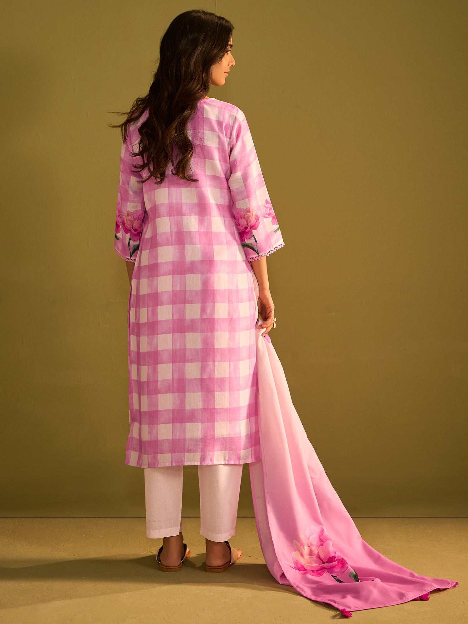 Indo Era Pink Printed Straight Kurta Trousers With Dupatta Set