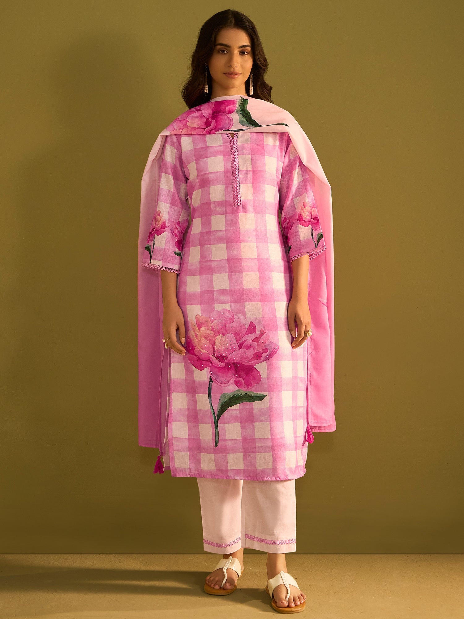 Indo Era Pink Printed Straight Kurta Trousers With Dupatta Set