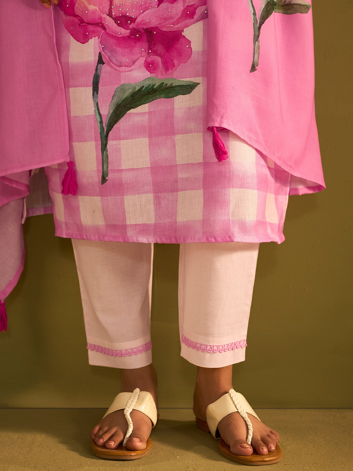 Indo Era Pink Printed Straight Kurta Trousers With Dupatta Set