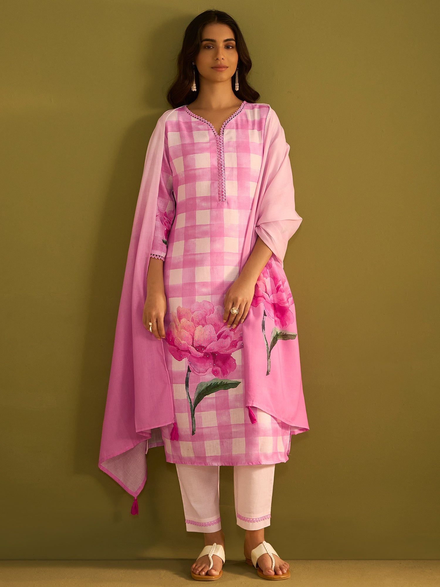 Indo Era Pink Printed Straight Kurta Trousers With Dupatta Set