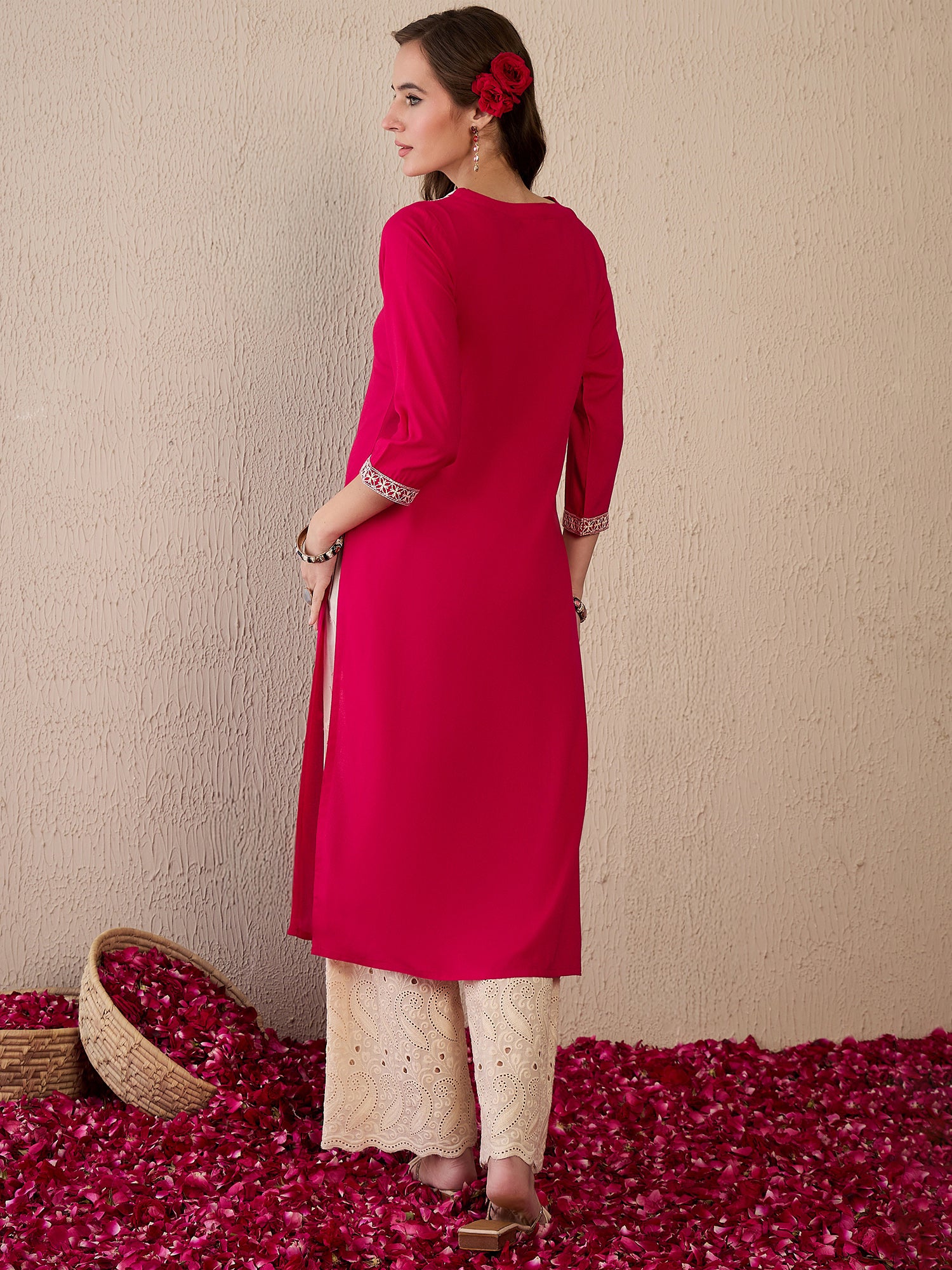 Indo Era Pink Embroidered Straight Kurtas