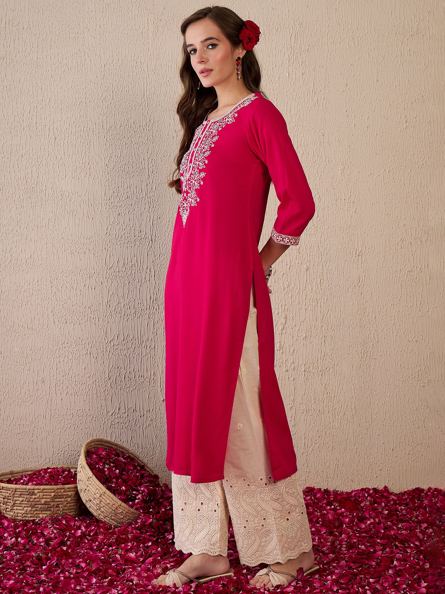 Indo Era Pink Embroidered Straight Kurtas