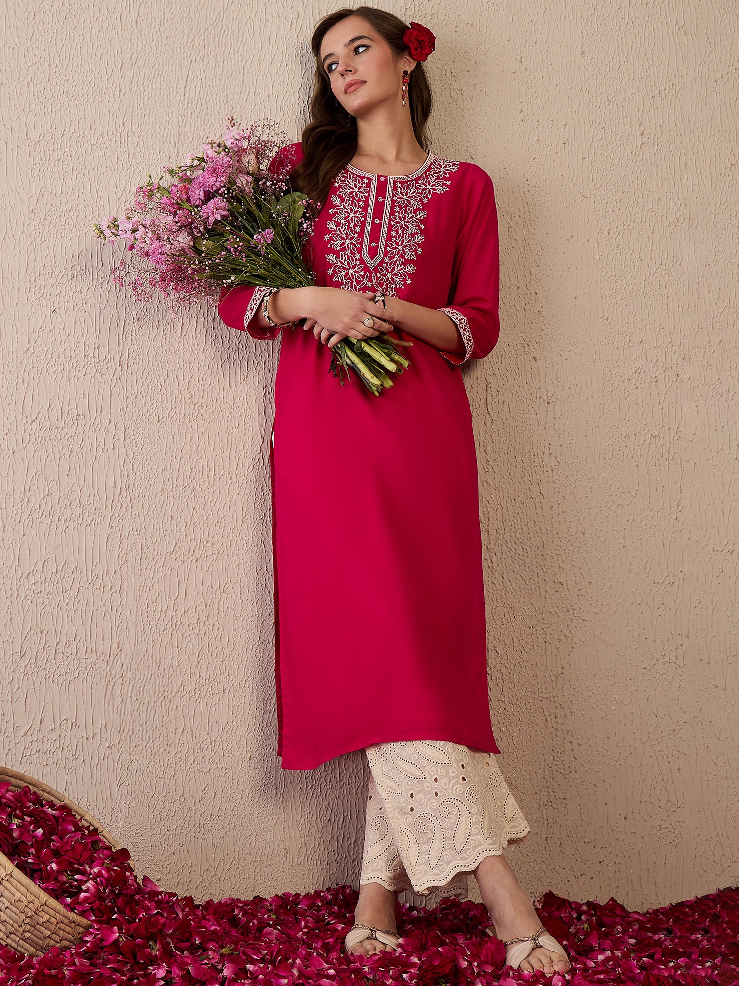 Indo Era Pink Embroidered Straight Kurtas