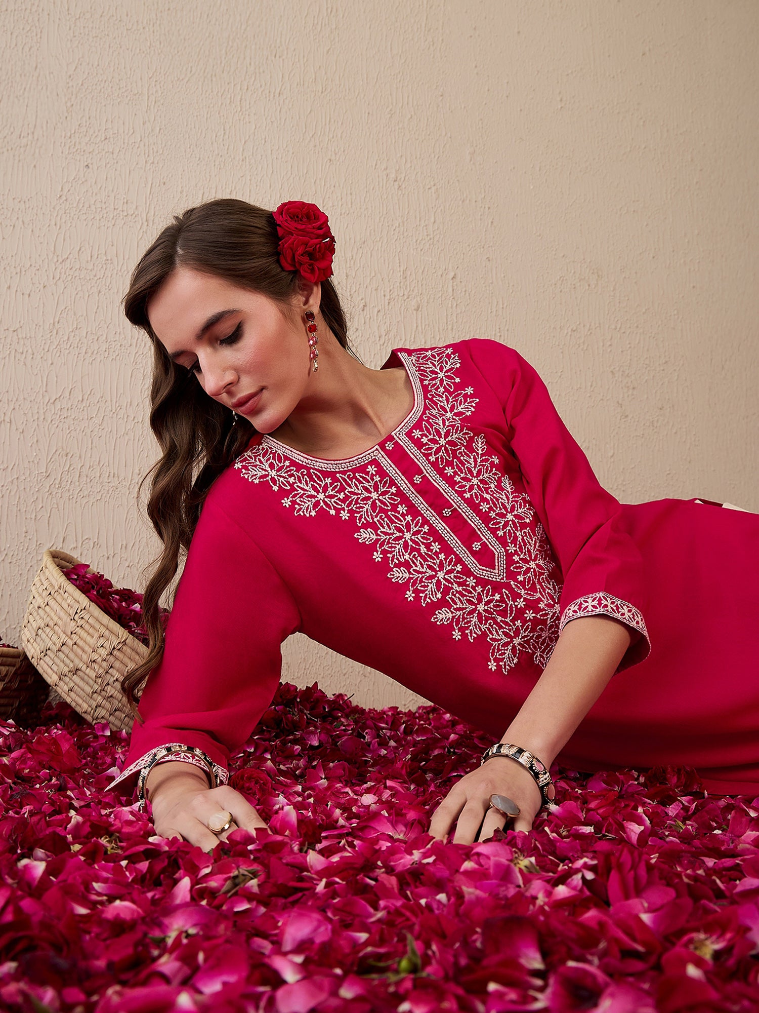 Indo Era Pink Embroidered Straight Kurtas