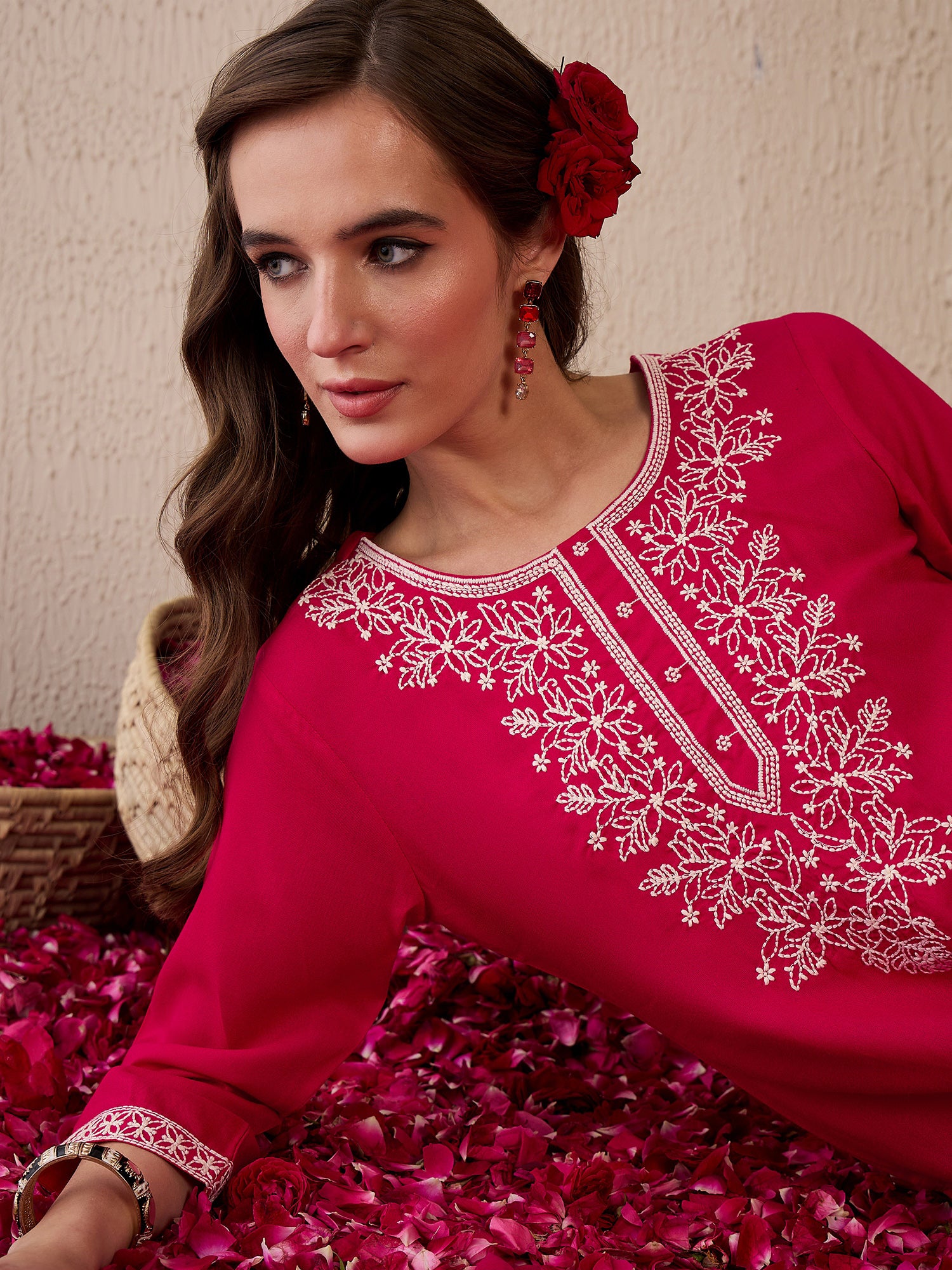 Indo Era Pink Embroidered Straight Kurtas