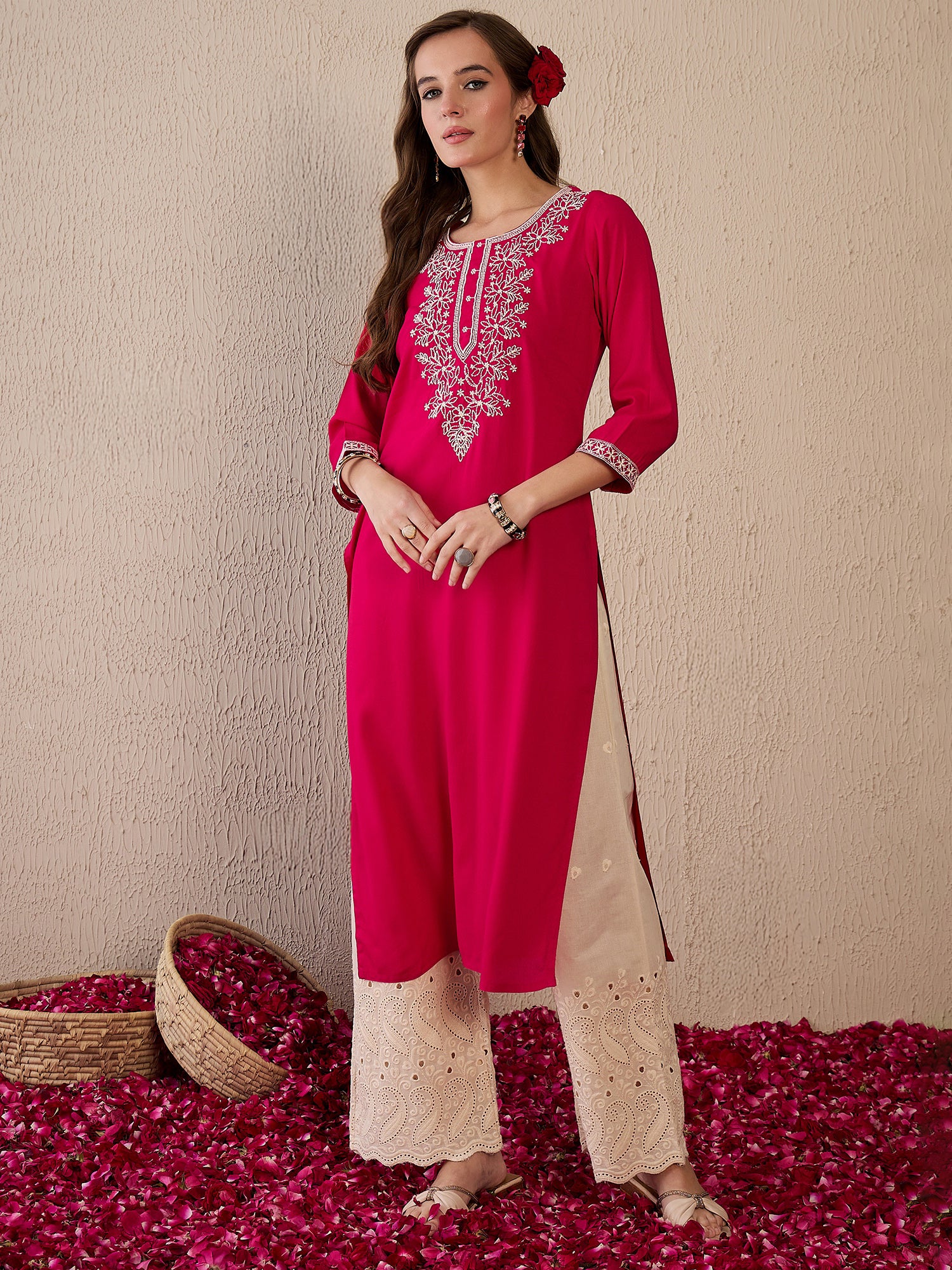 Indo Era Pink Embroidered Straight Kurtas