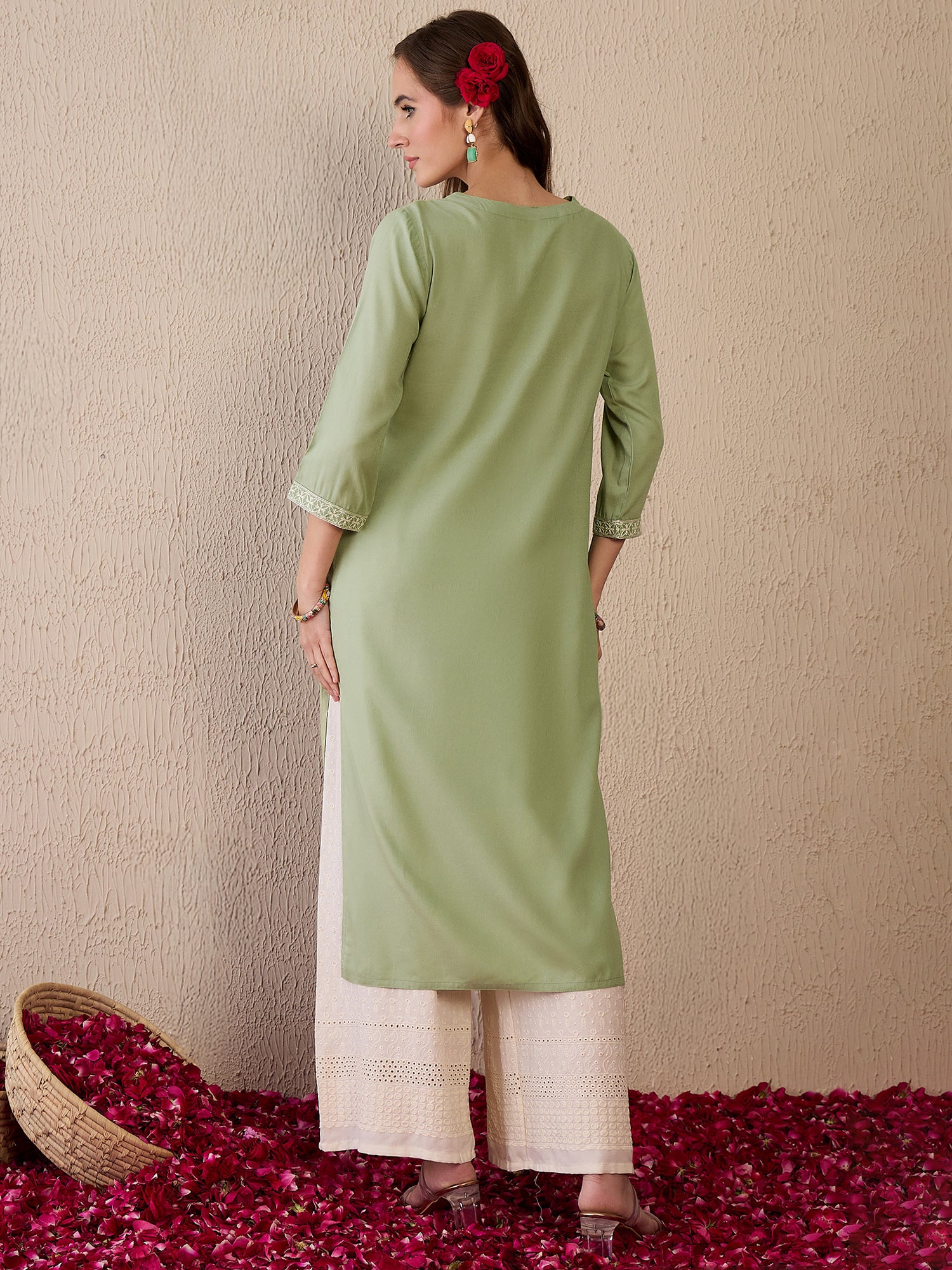 Indo Era Green Embroidered Straight Kurtas