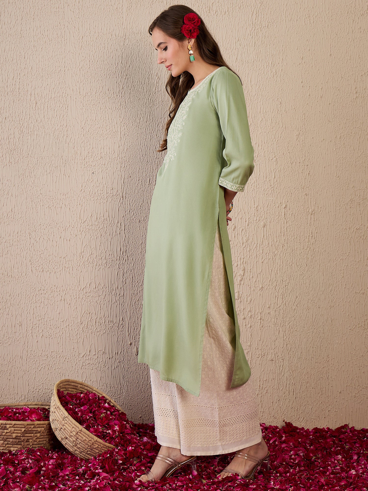 Indo Era Green Embroidered Straight Kurtas