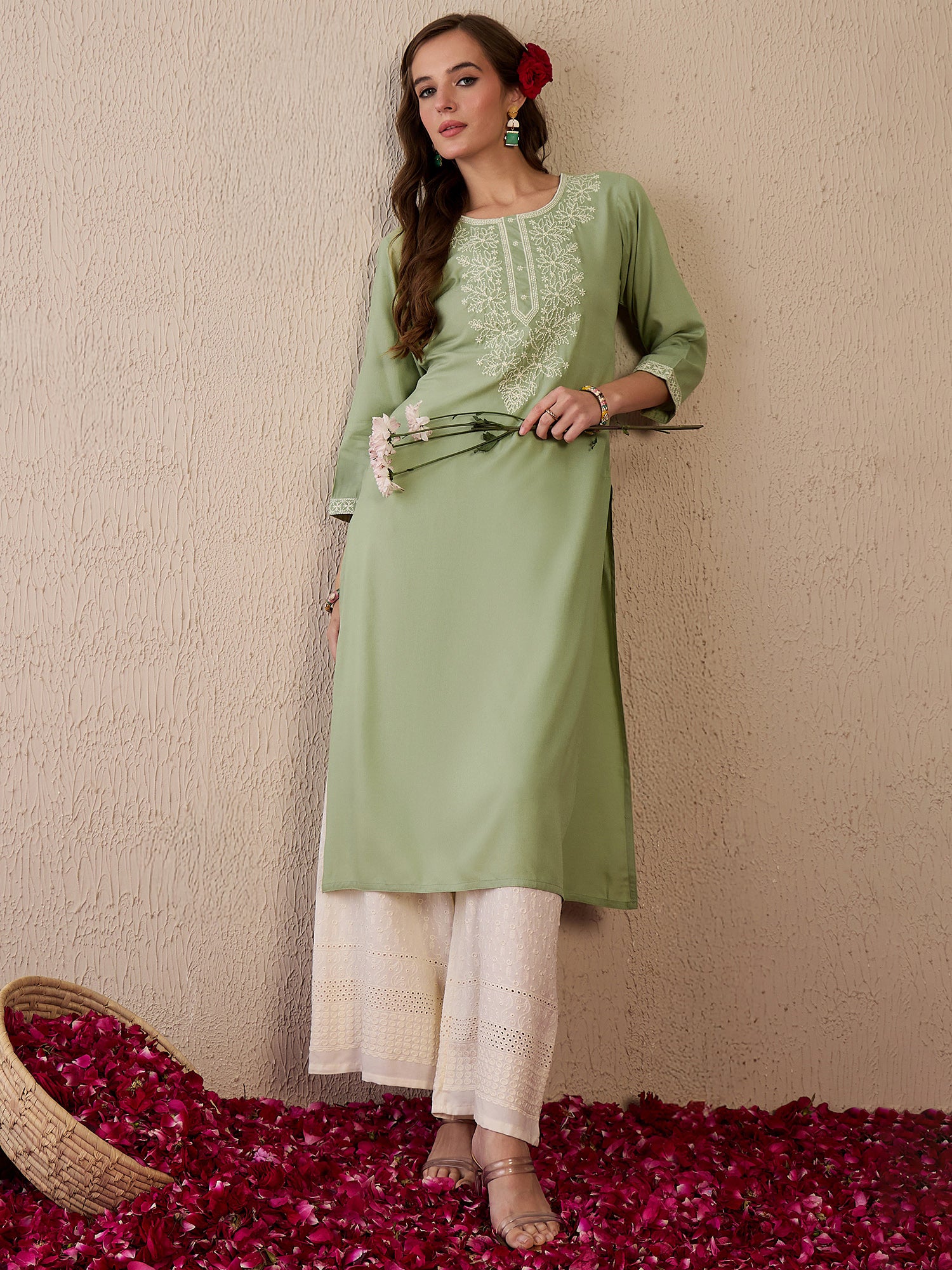 Indo Era Green Embroidered Straight Kurtas