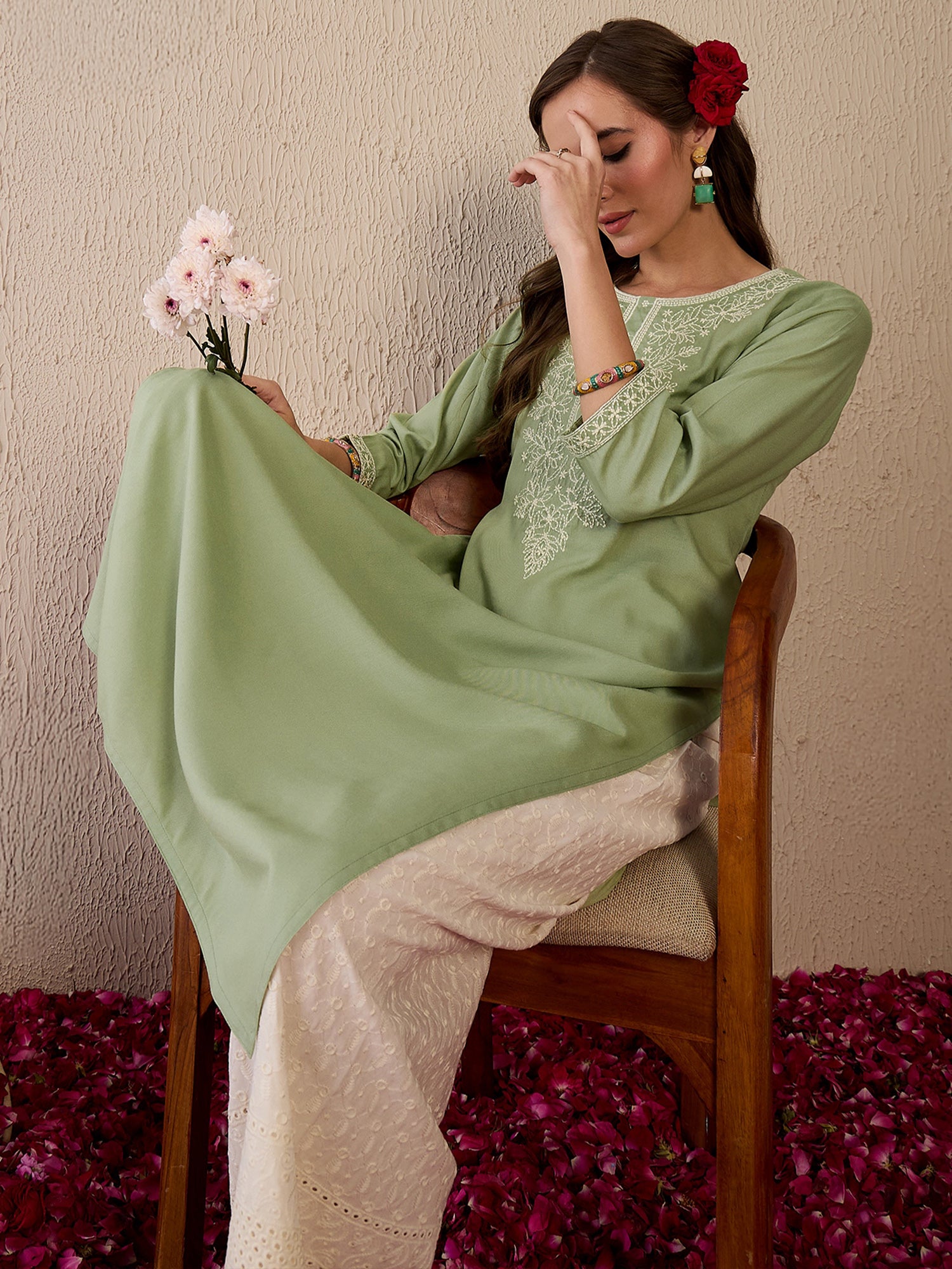 Indo Era Green Embroidered Straight Kurtas