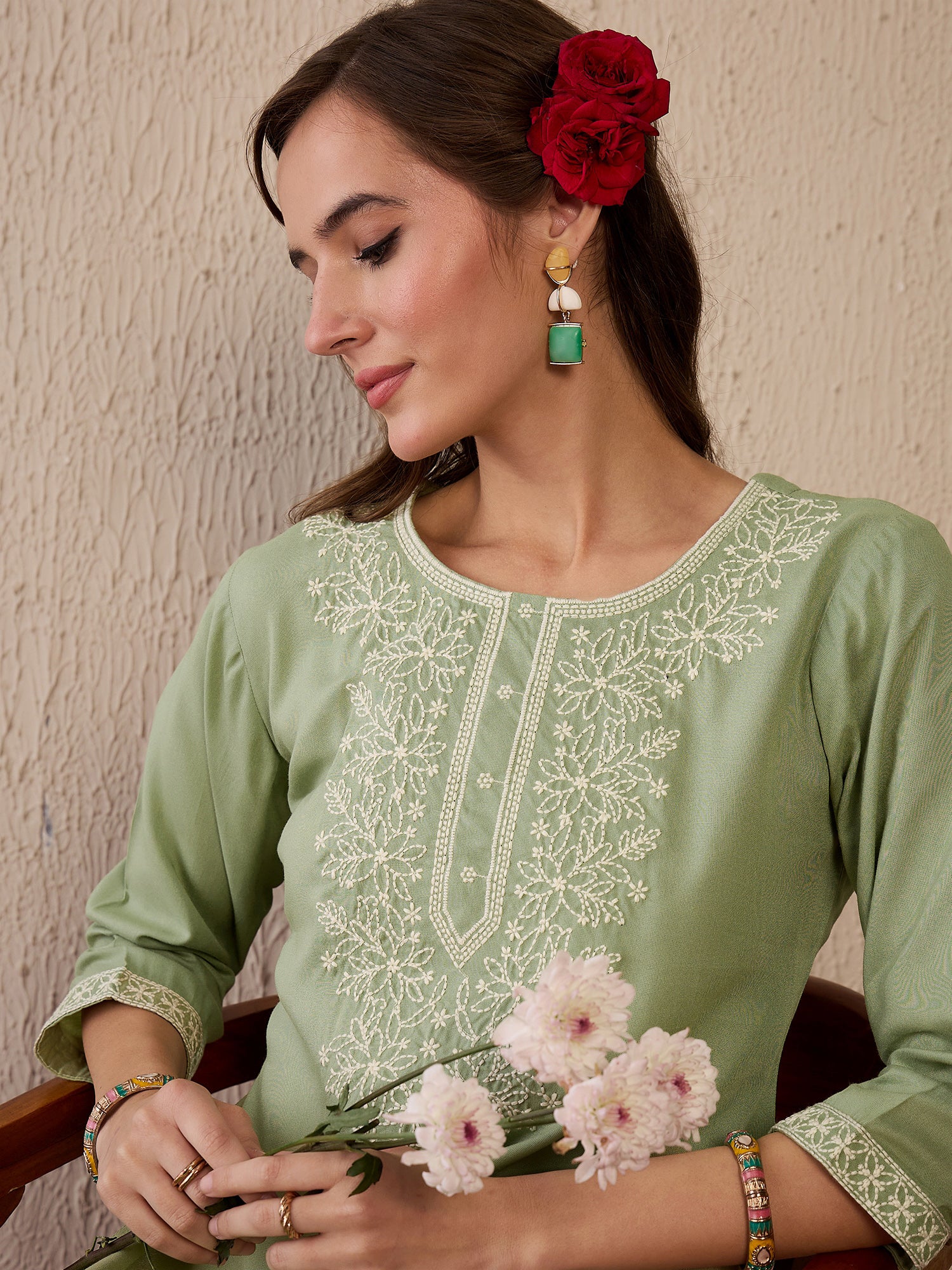 Indo Era Green Embroidered Straight Kurtas