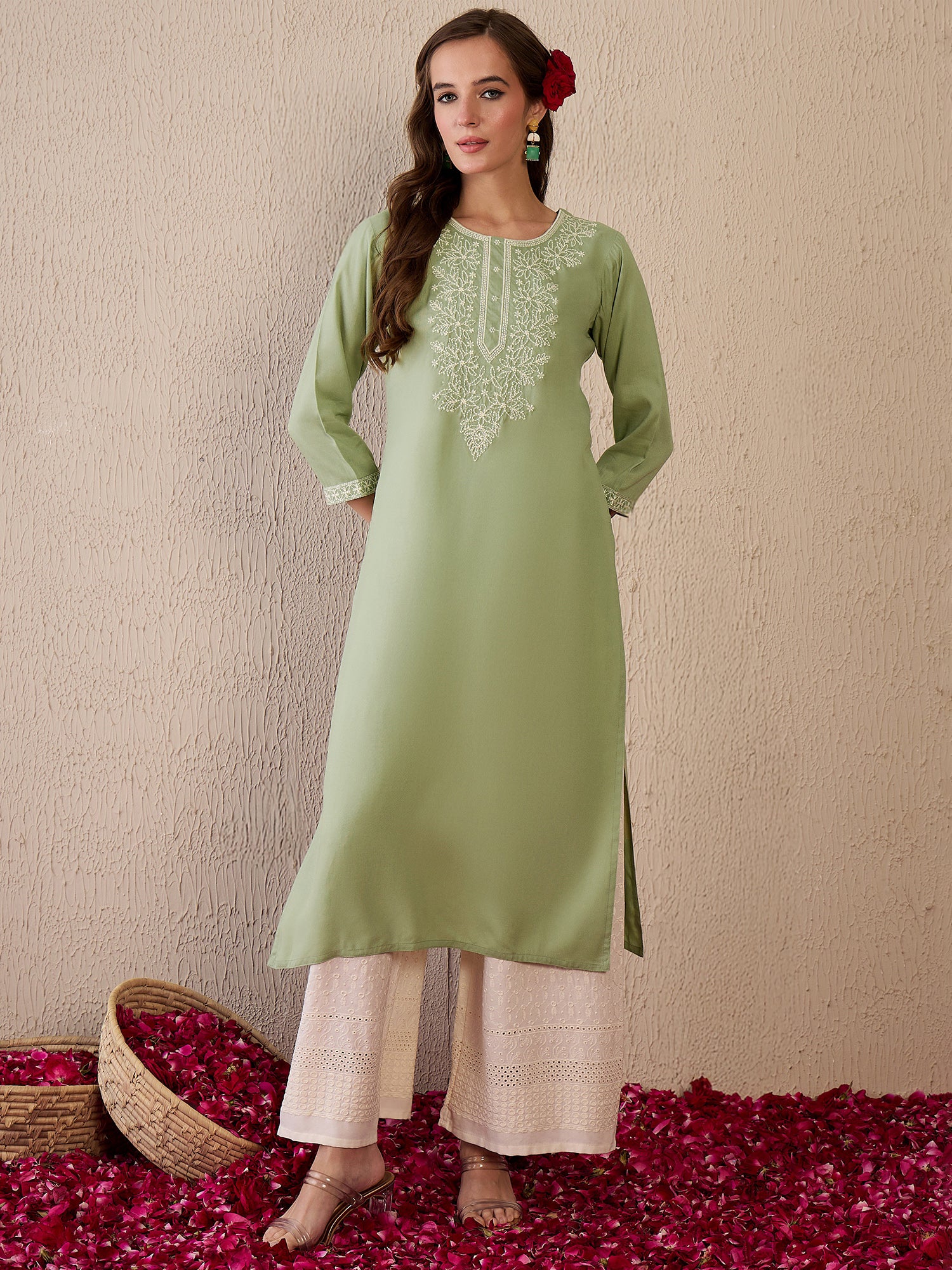 Indo Era Green Embroidered Straight Kurtas