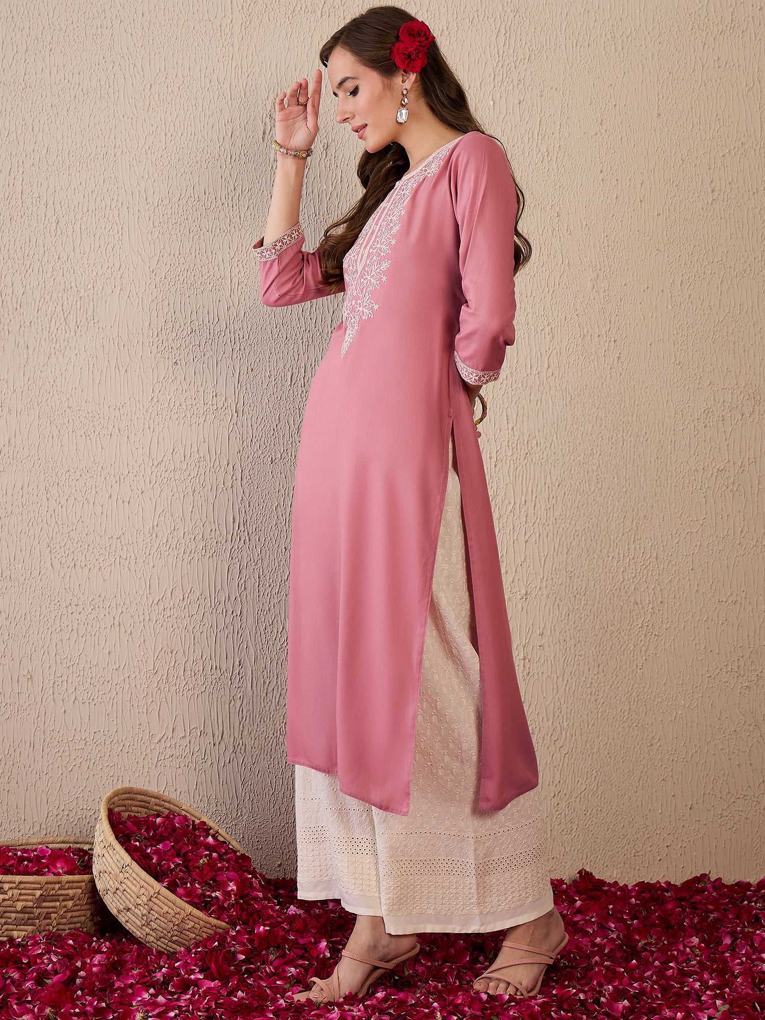 Indo Era Mauve Embroidered Straight Kurtas