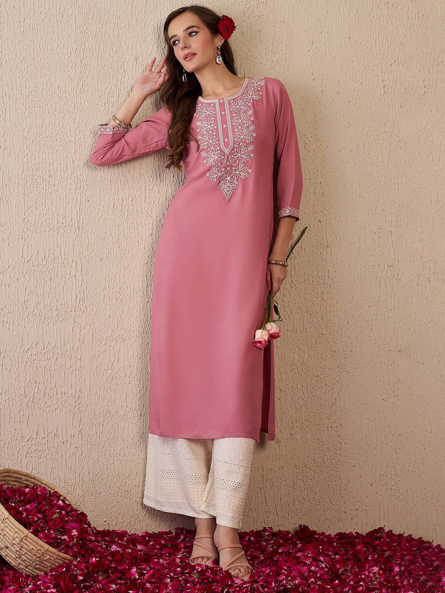 Indo Era Mauve Embroidered Straight Kurtas