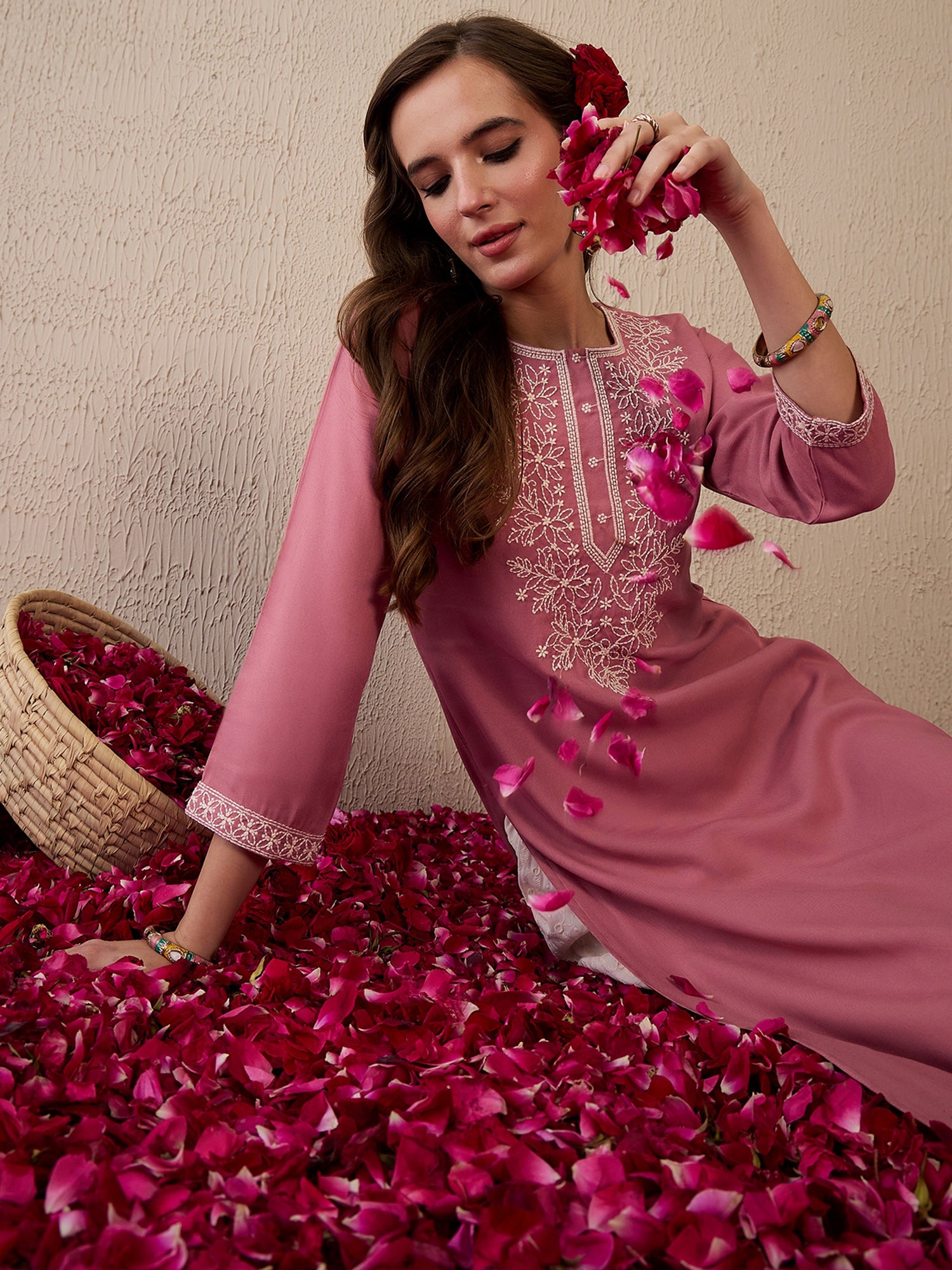 Indo Era Mauve Embroidered Straight Kurtas