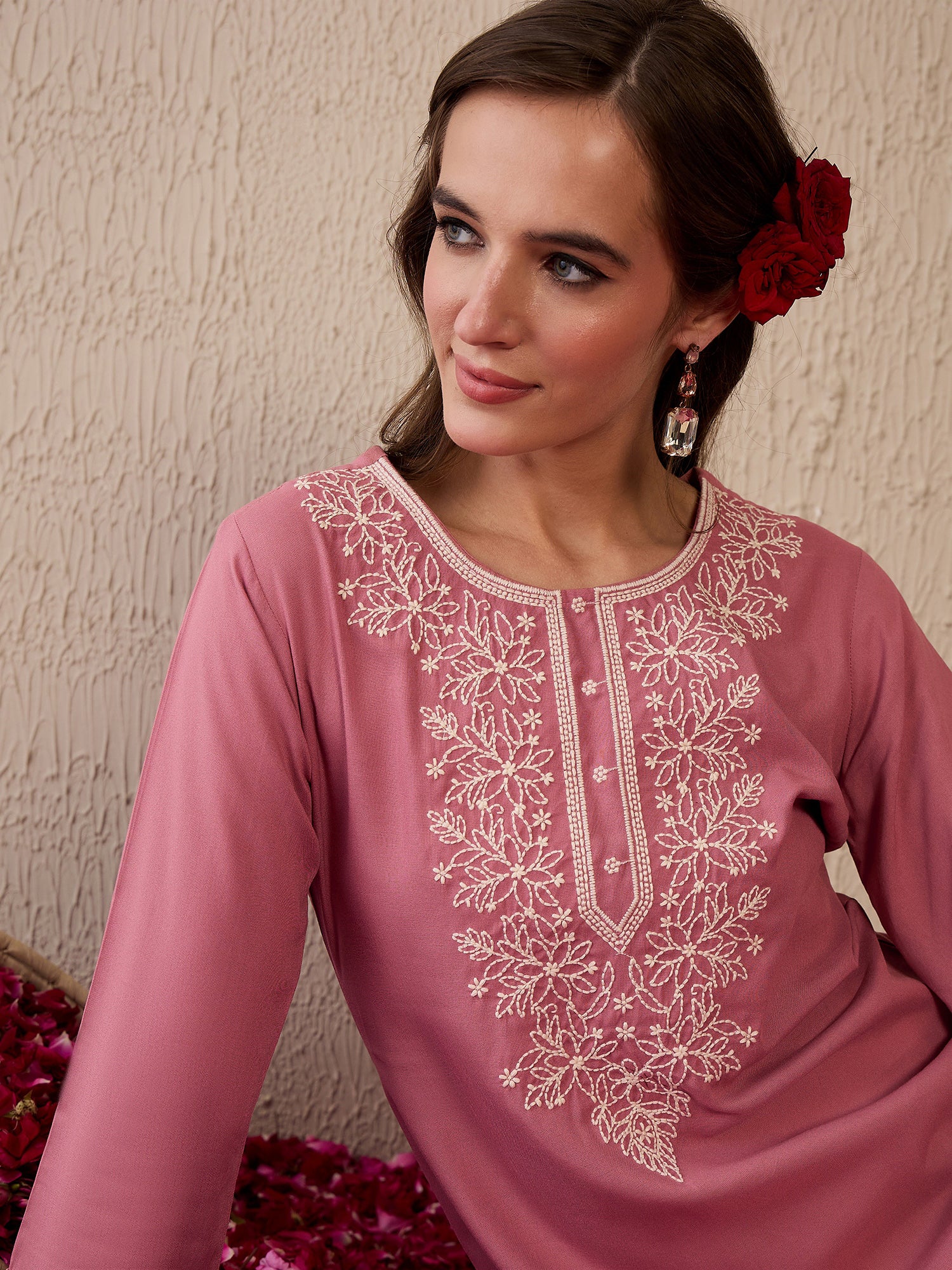 Indo Era Mauve Embroidered Straight Kurtas