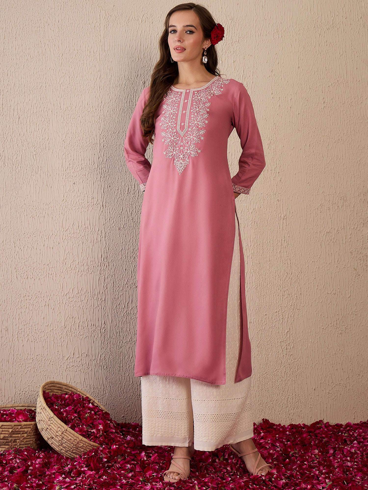 Indo Era Mauve Embroidered Straight Kurtas