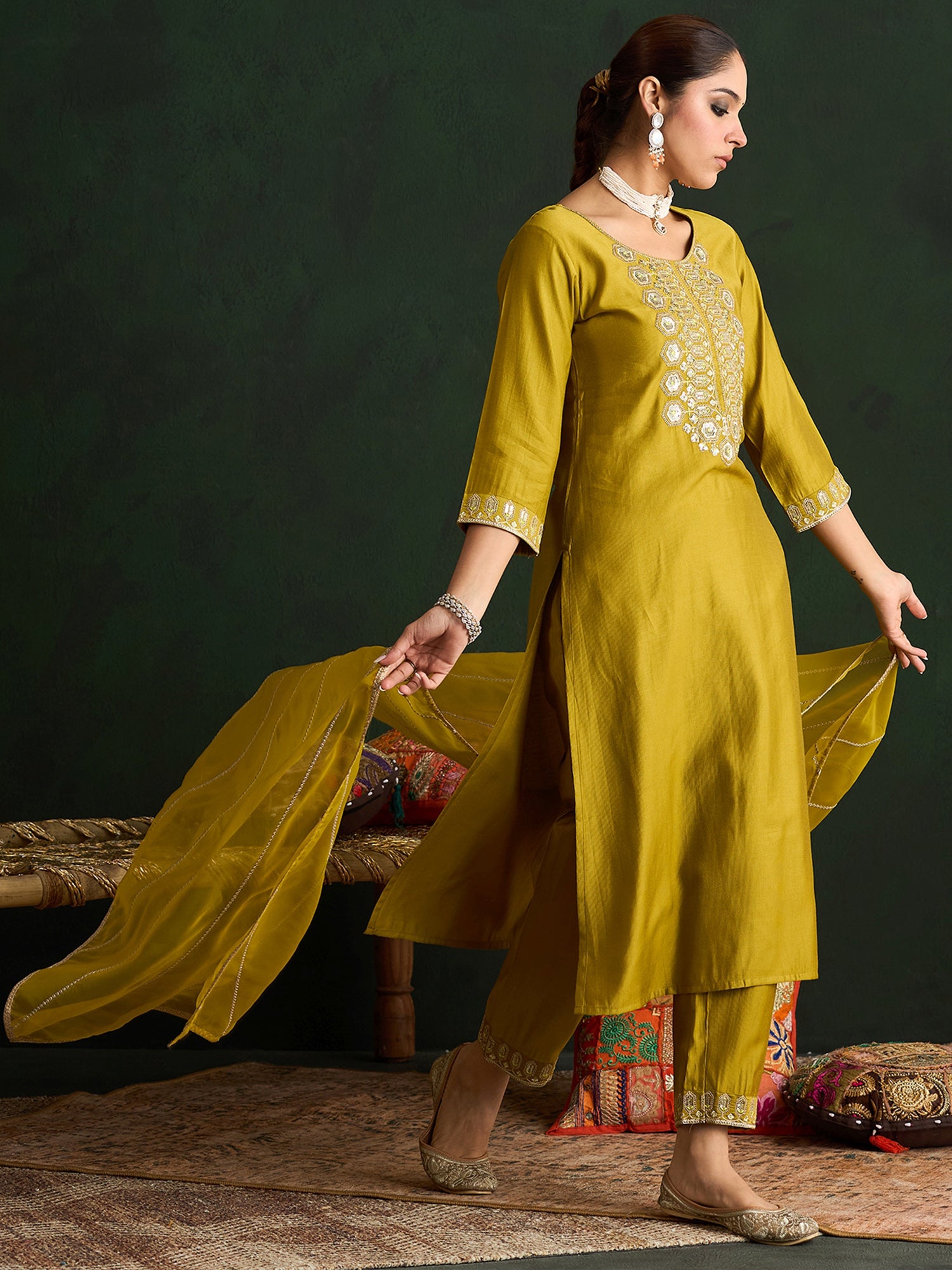 Indo Era Olive Embroidered Straight Kurta Trousers With Dupatta Set