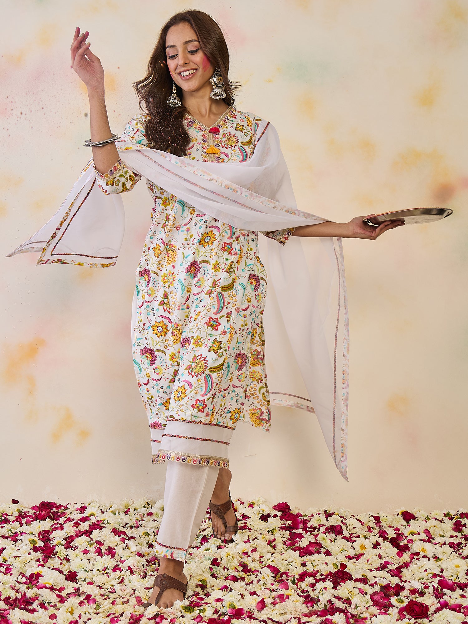 Indo Era Off White Printed Straight Kurta Trousers With Dupatta set