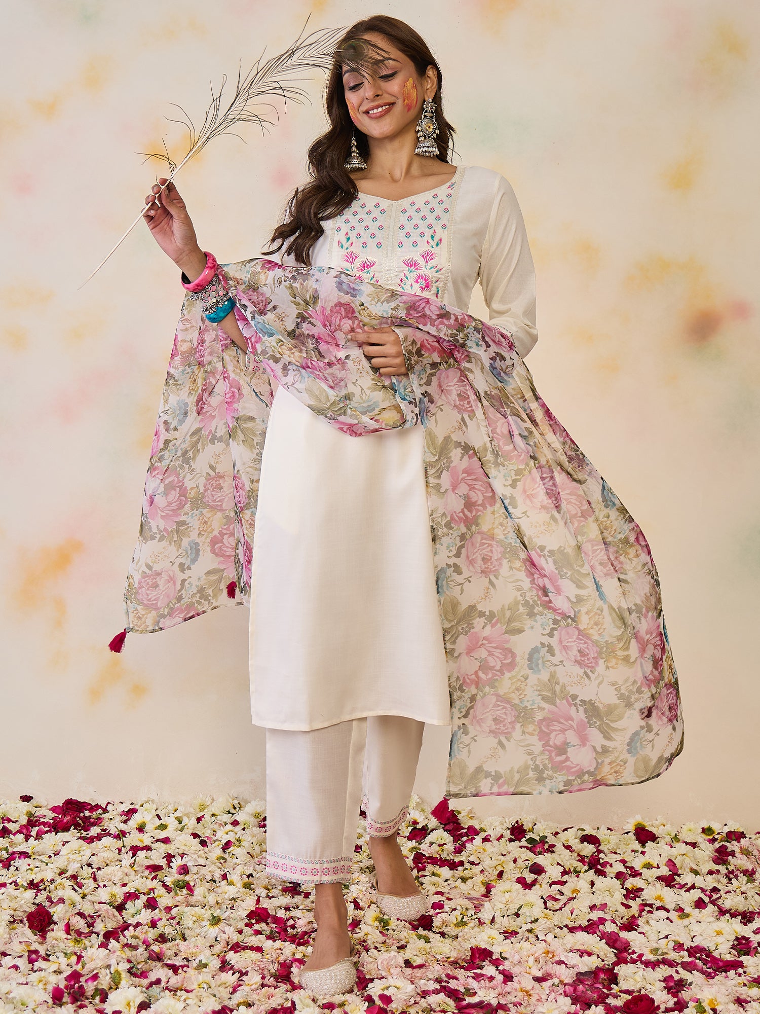 Indo Era White Yoke Design Straight Kurta Trousers With Dupatta set