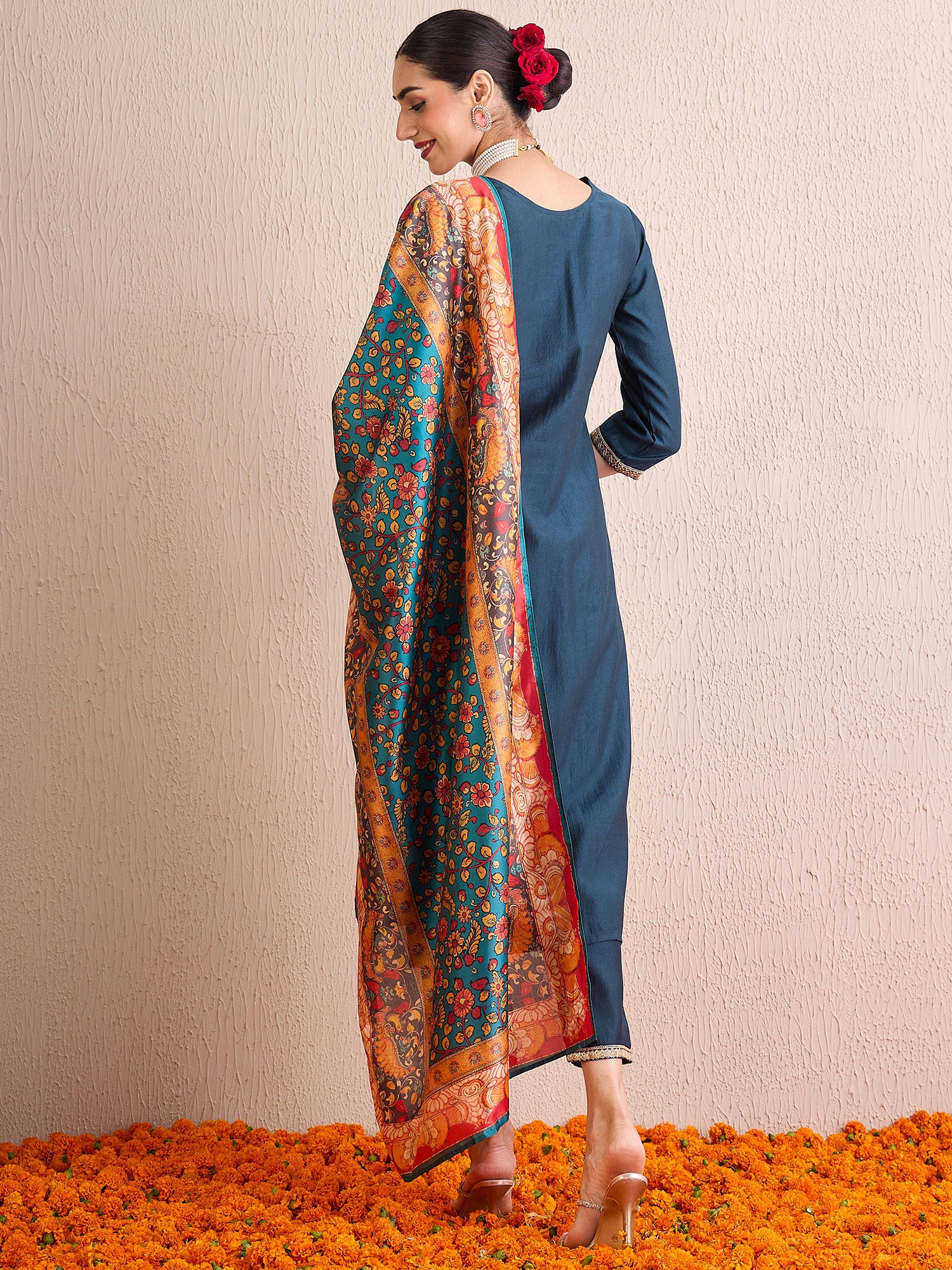 Indo Era Teal Embroidered Straight Kurta Trousers With Dupatta  Set