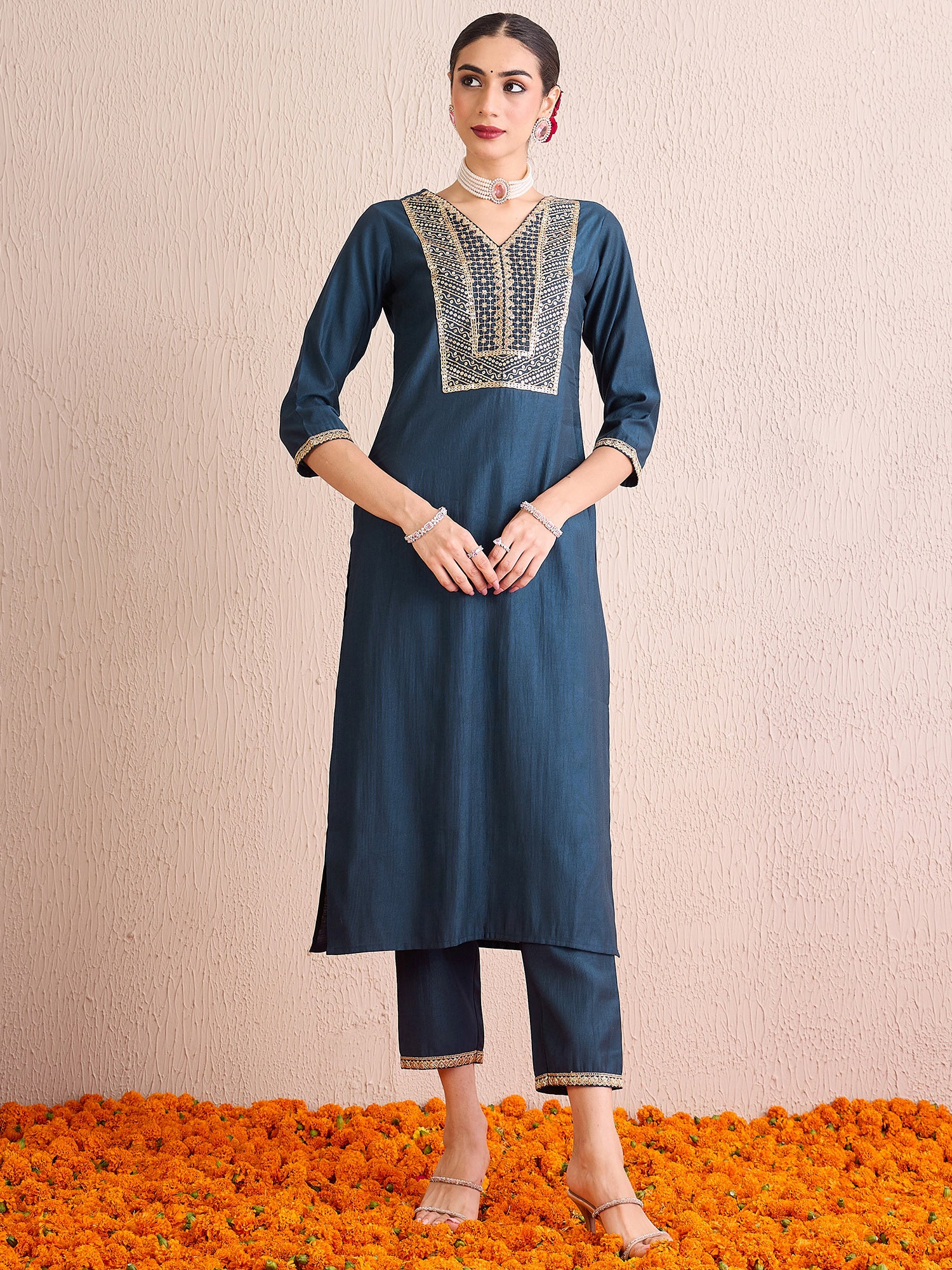 Indo Era Teal Embroidered Straight Kurta Trousers With Dupatta  Set