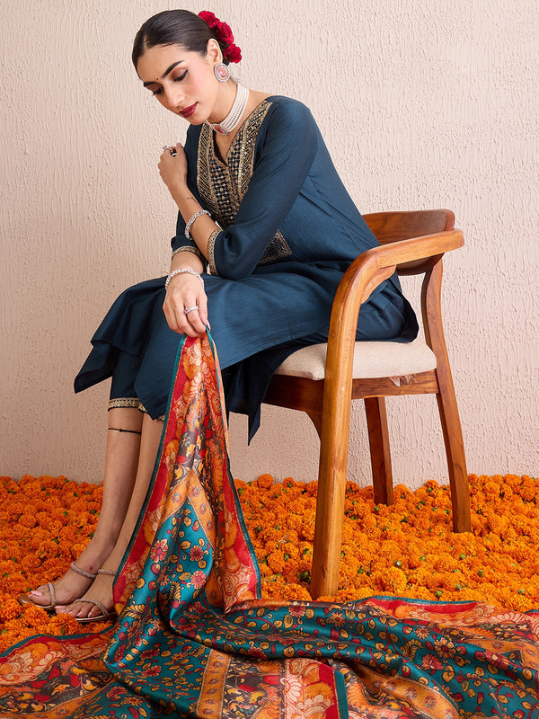 Indo Era Teal Embroidered Straight Kurta Trousers With Dupatta  Set