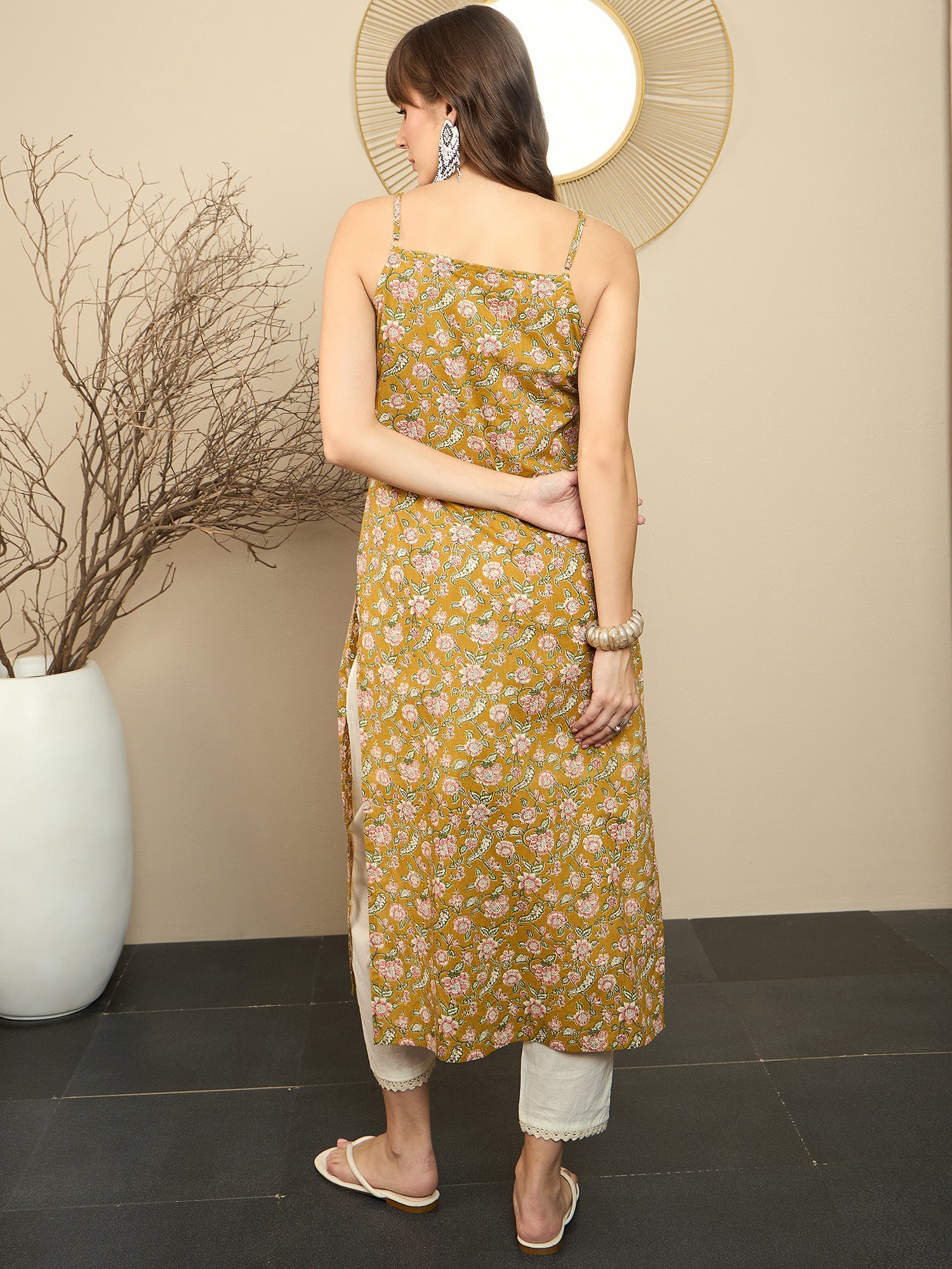 Indo Era Mustard Printed Straight Kurtas