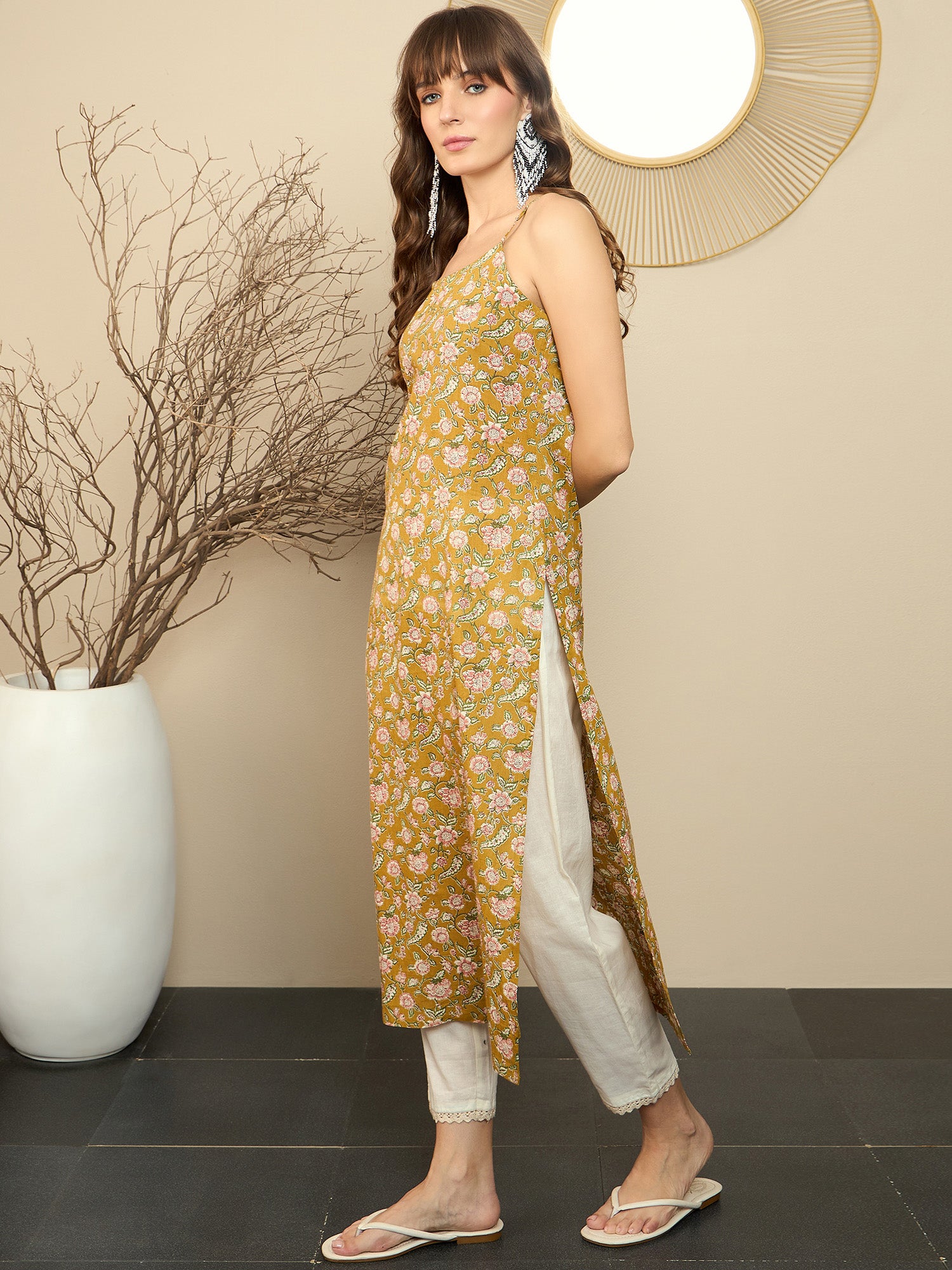 Indo Era Mustard Printed Straight Kurtas