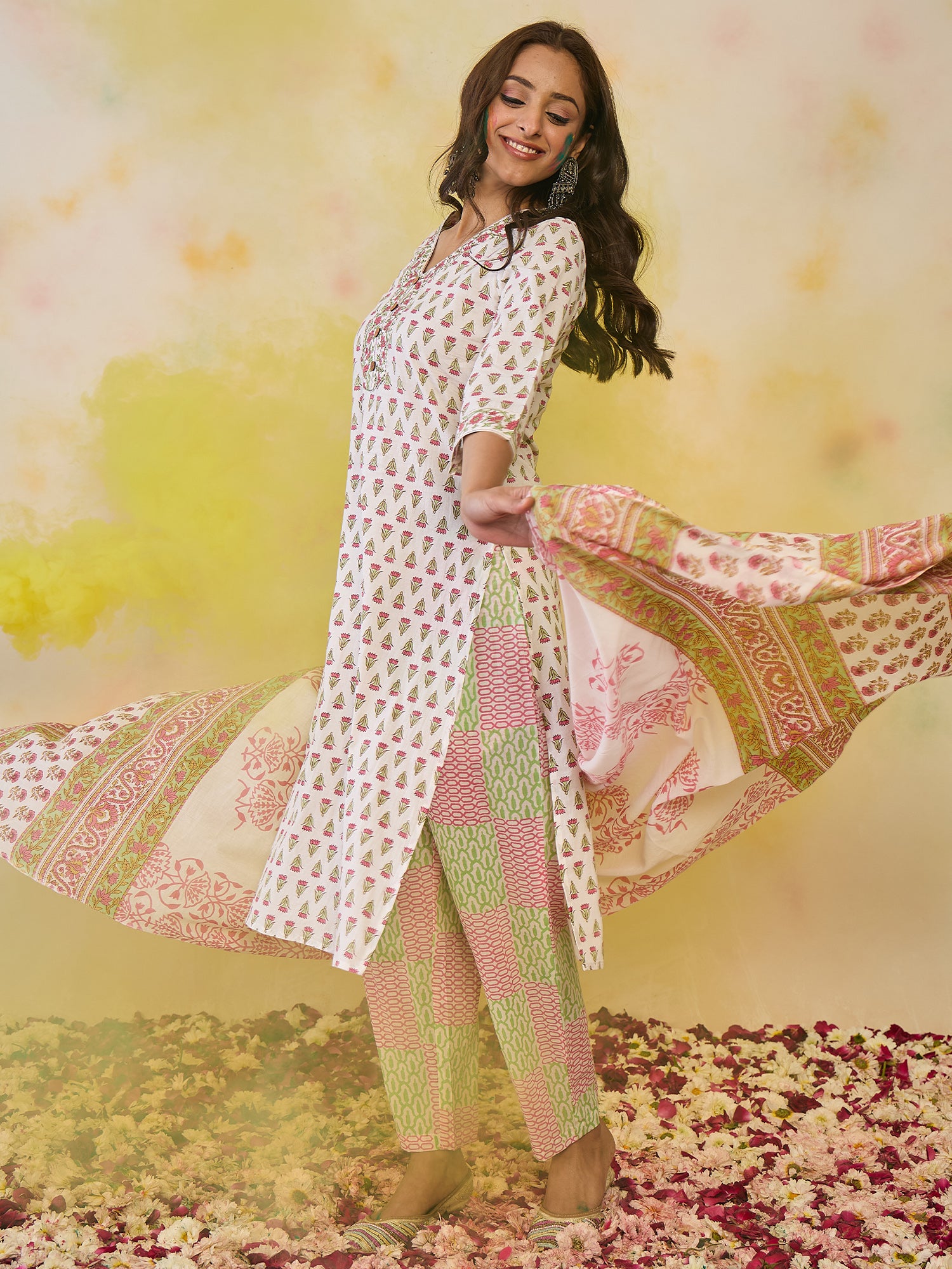 Indo Era White Printed Straight Kurta Trousers With Dupatta set