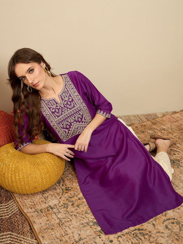 Indo Era Purple Embroidered Straight Kurtas