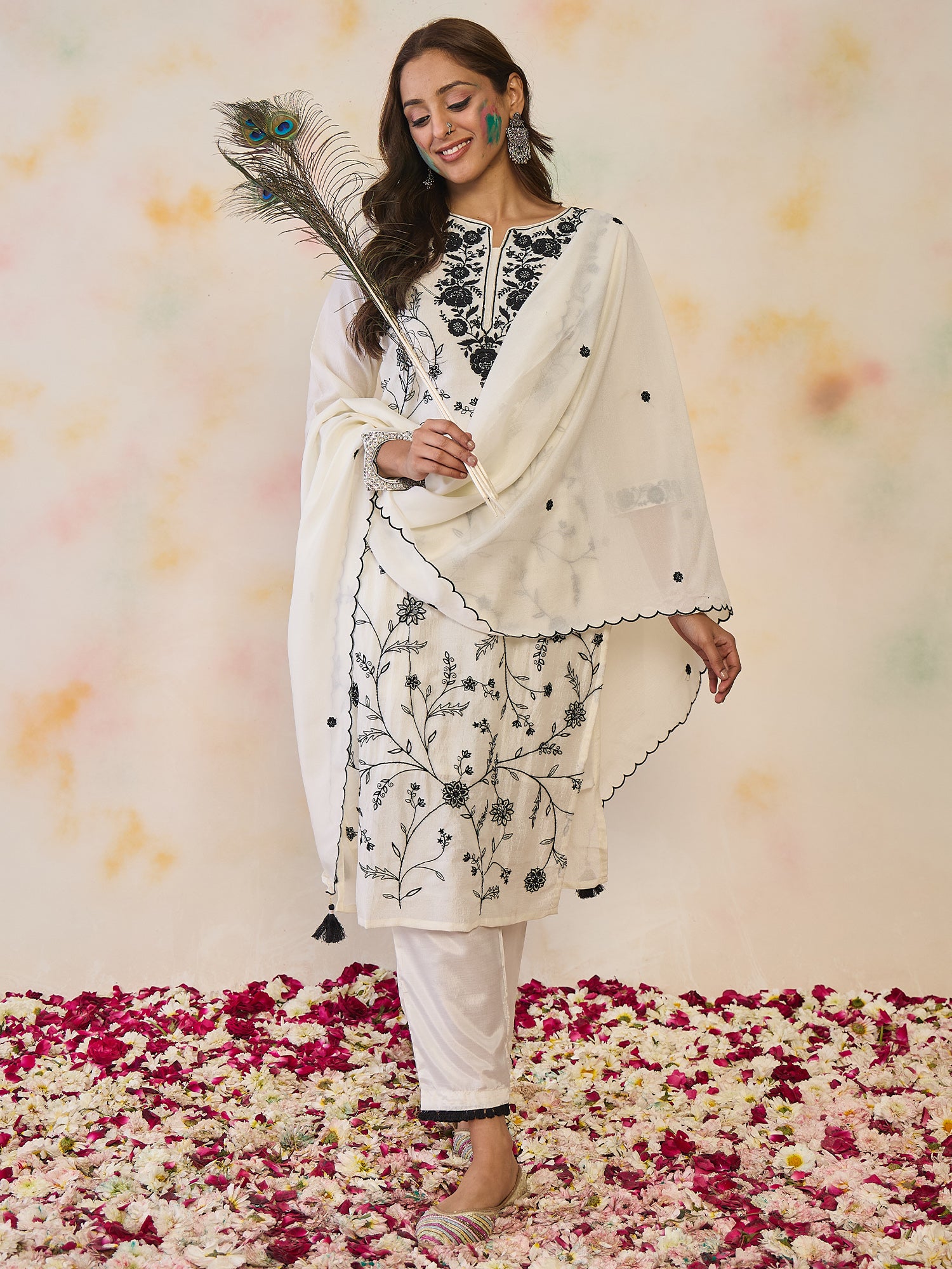 Indo Era White Straight Embroidered Kurta Trousers With Dupatta Set