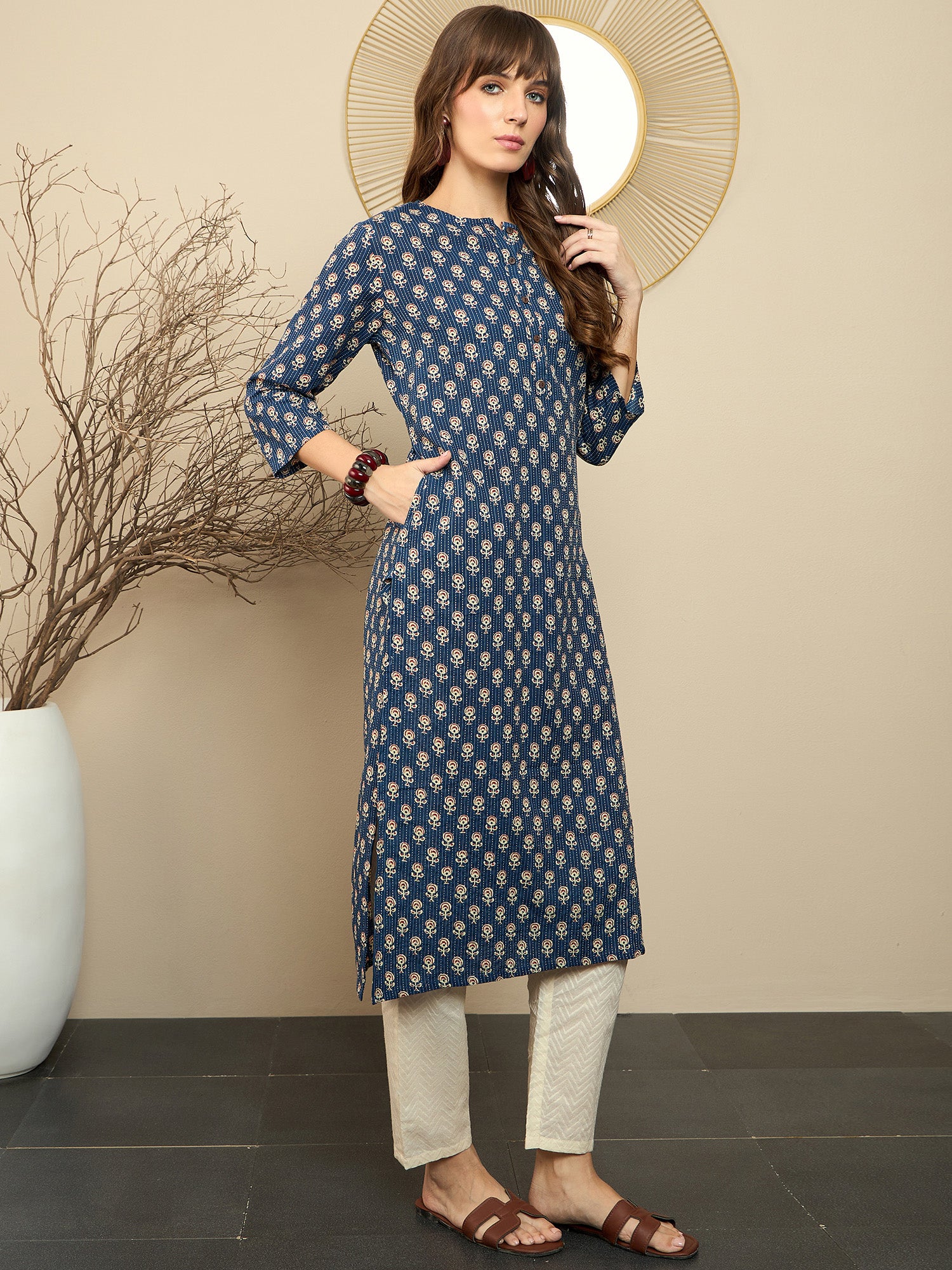 Indo Era Blue Printed Straight Kurtas