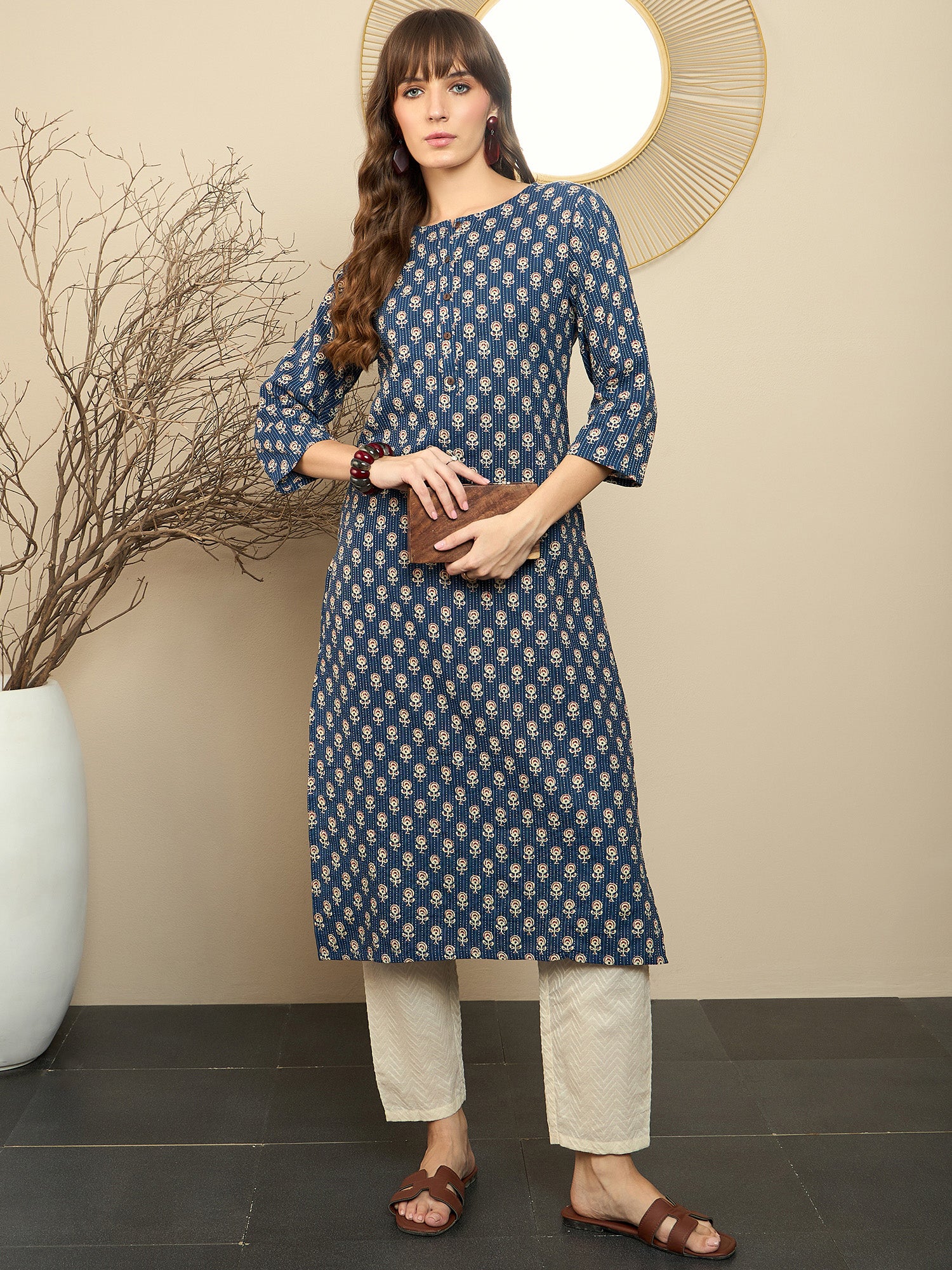 Indo Era Blue Printed Straight Kurtas