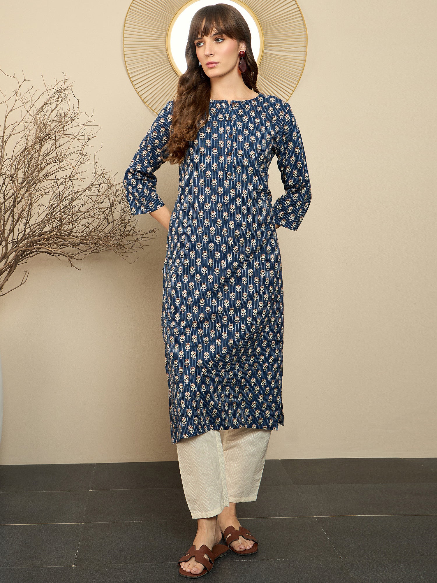 Indo Era Blue Printed Straight Kurtas