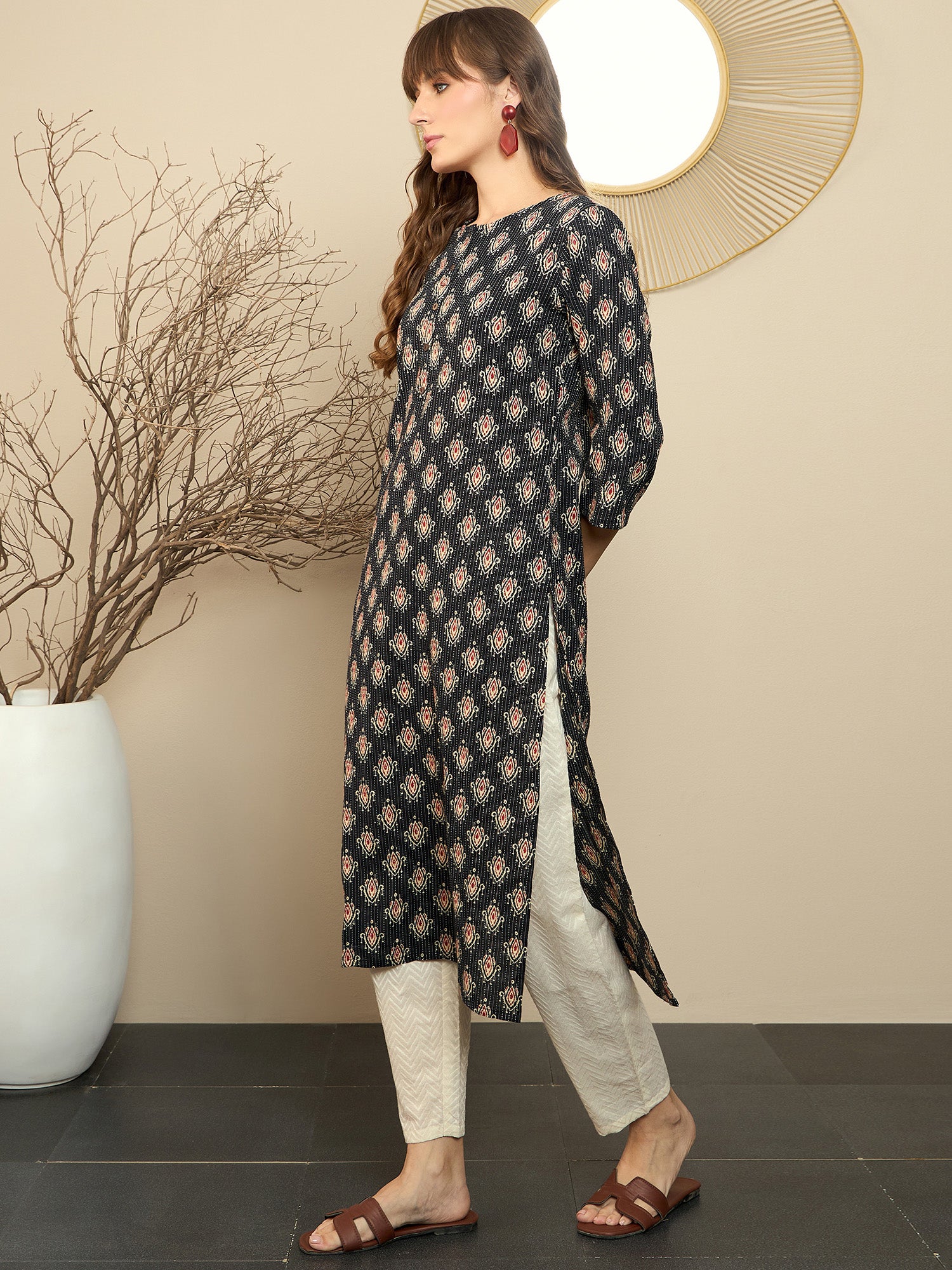 Indo Era Black Printed Straight Kurtas