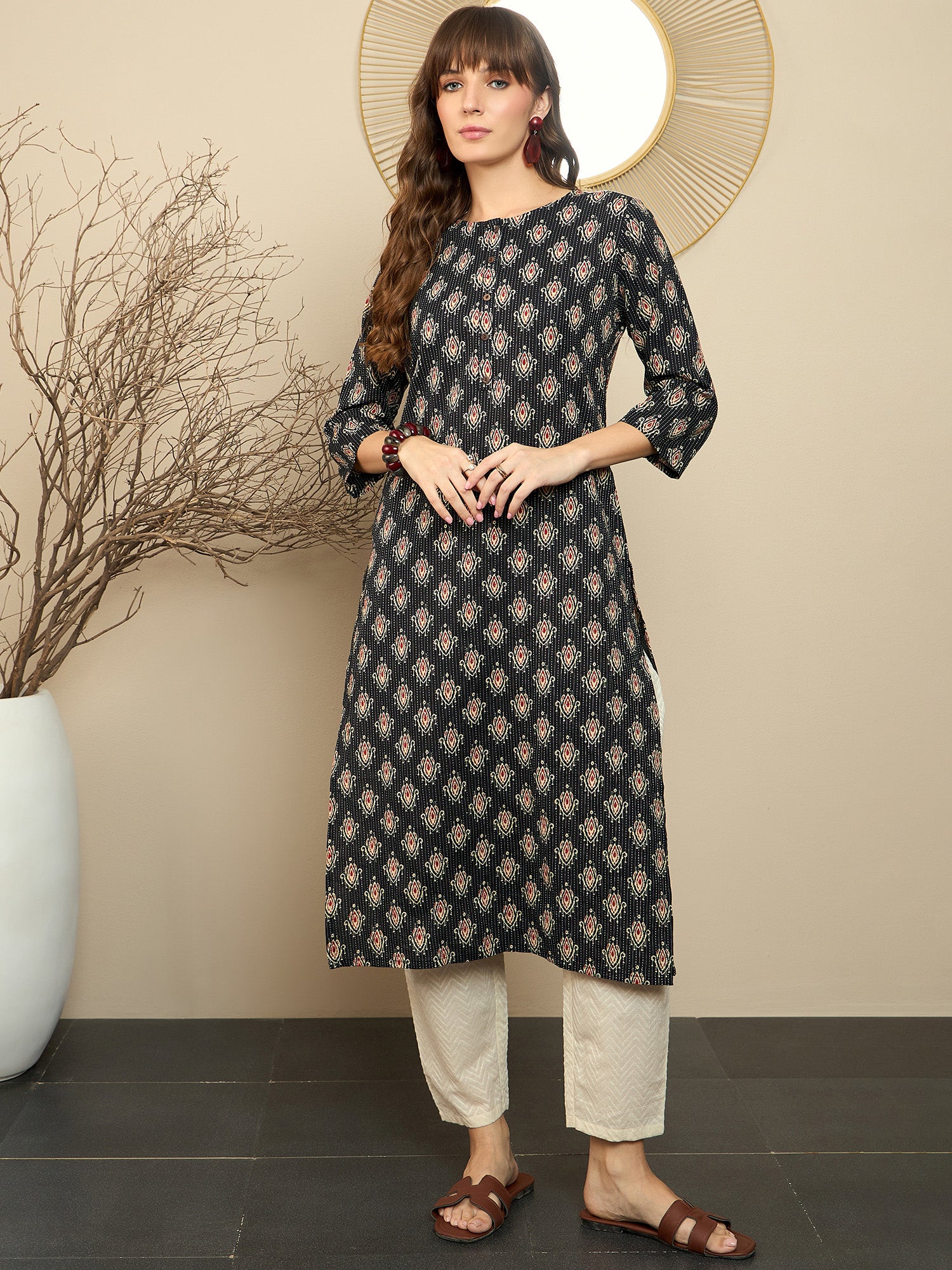 Indo Era Black Printed Straight Kurtas