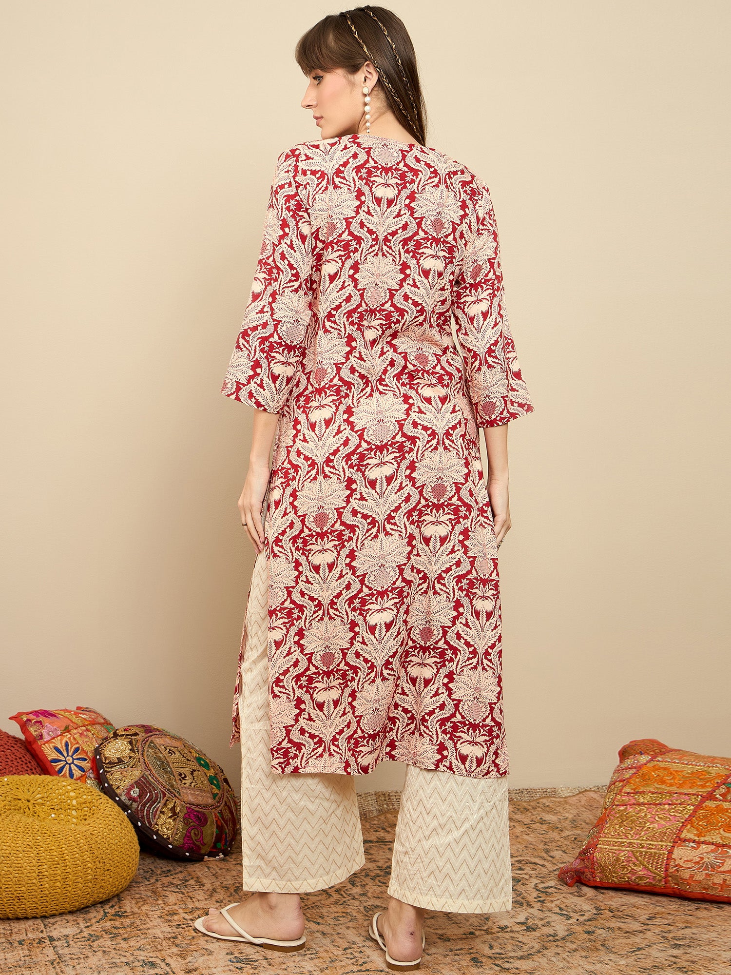 Indo Era Red Printed Straight Kurtas