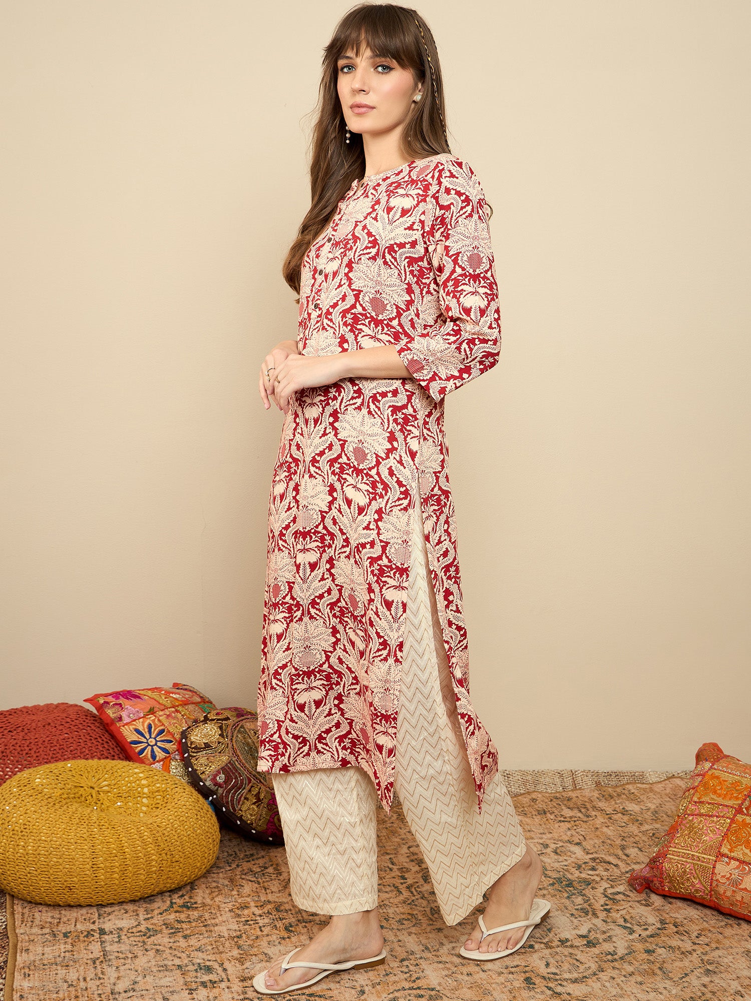 Indo Era Red Printed Straight Kurtas