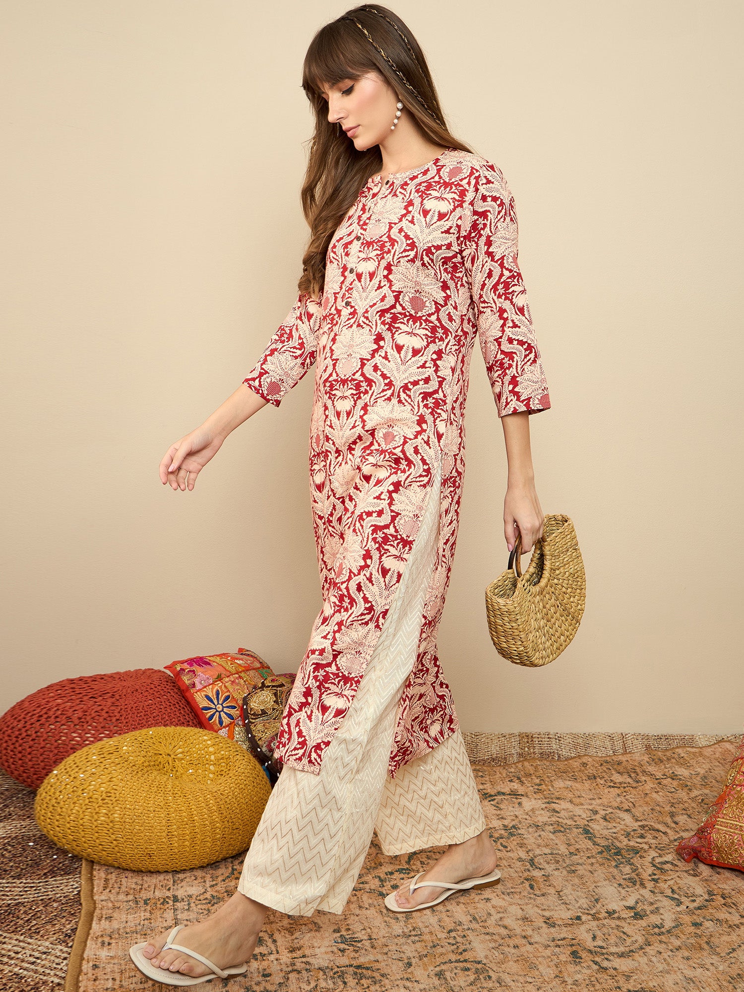 Indo Era Red Printed Straight Kurtas