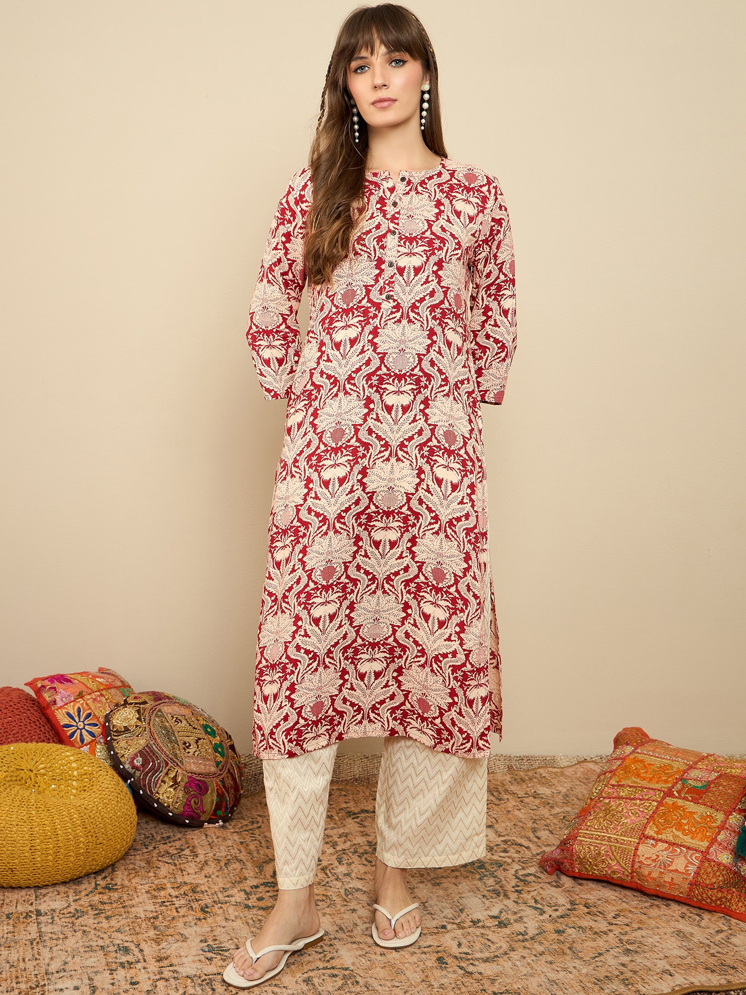 Indo Era Red Printed Straight Kurtas