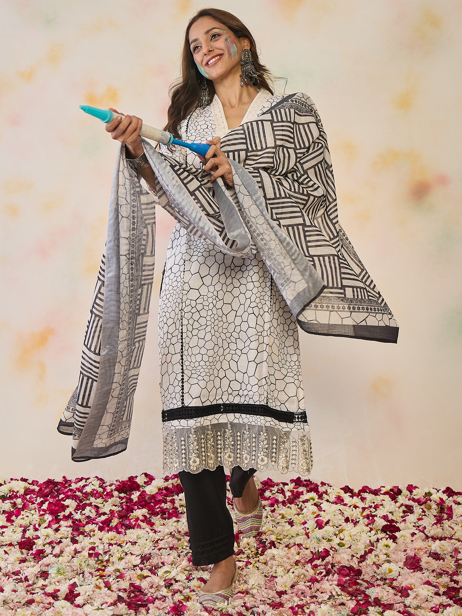 Indo Era Off White Printed Straight Kurta Trousers With Dupatta set