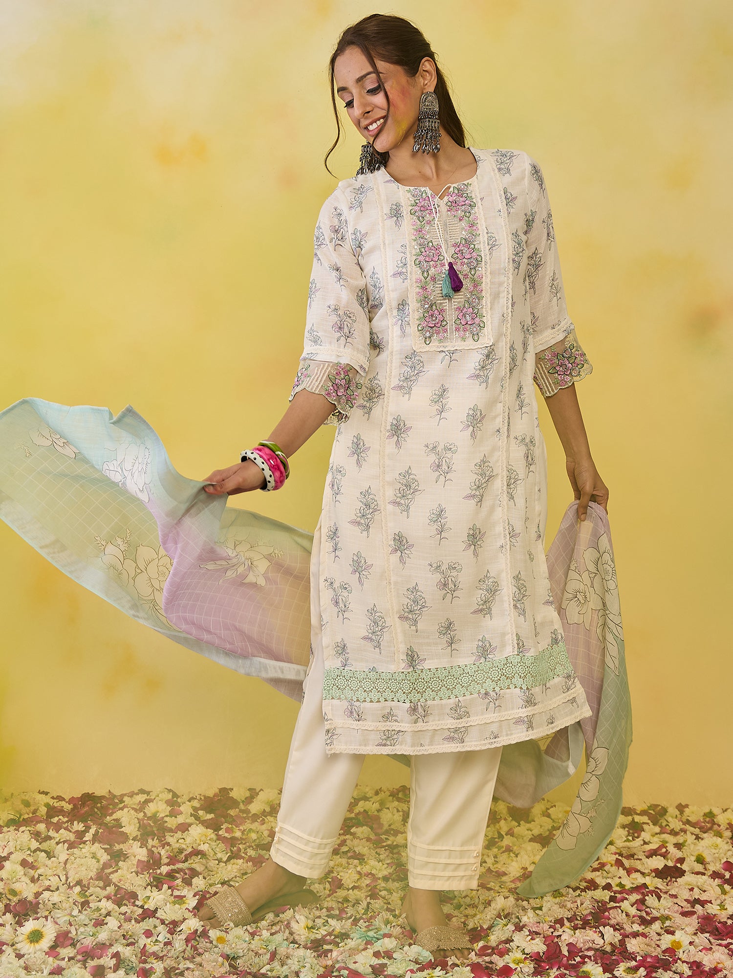 Indo Era Off White Printed Straight Kurta Trousers With Dupatta set