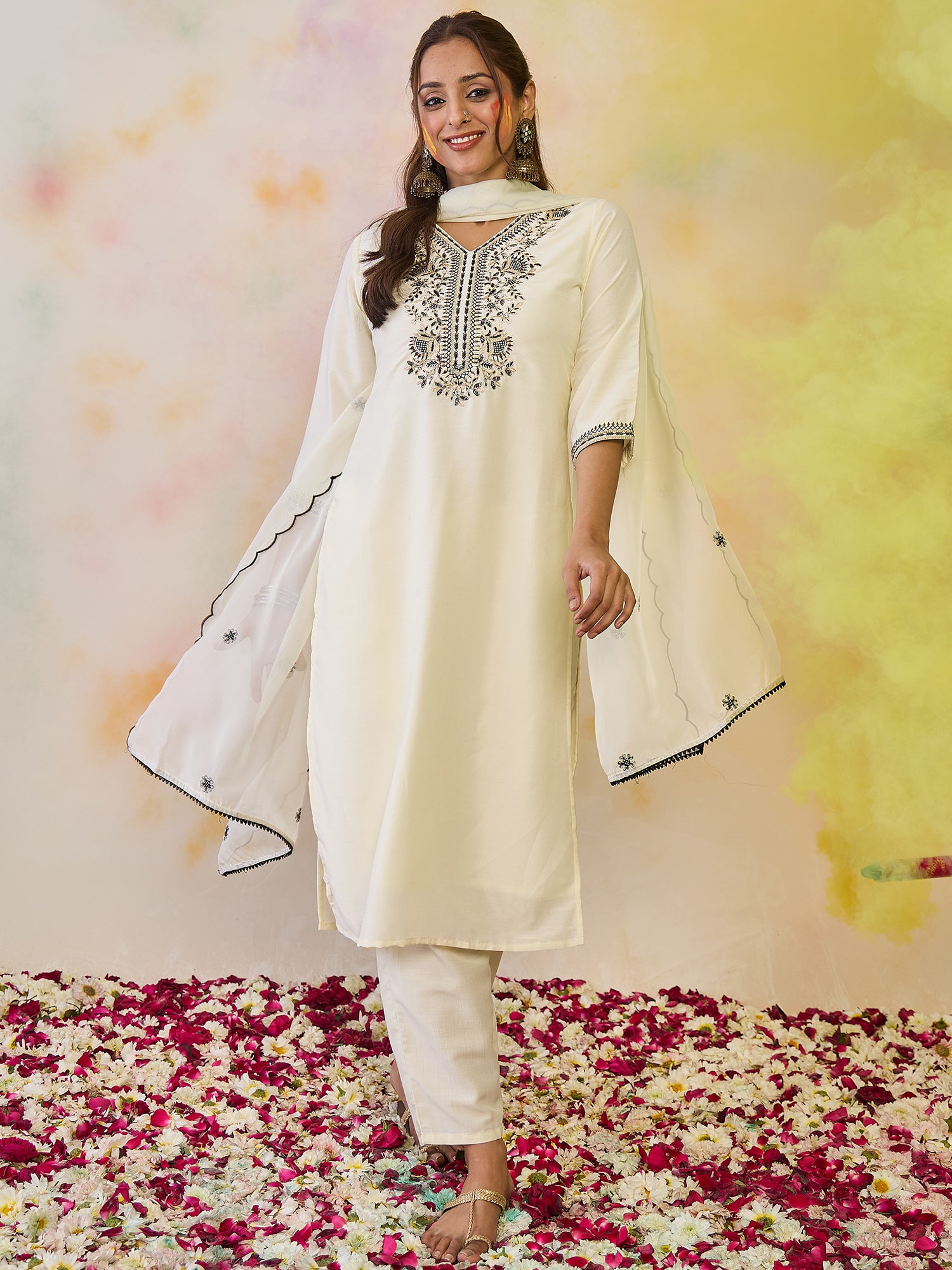 Indo Era White Embroidered Straight Kurta Trousers With Dupatta set