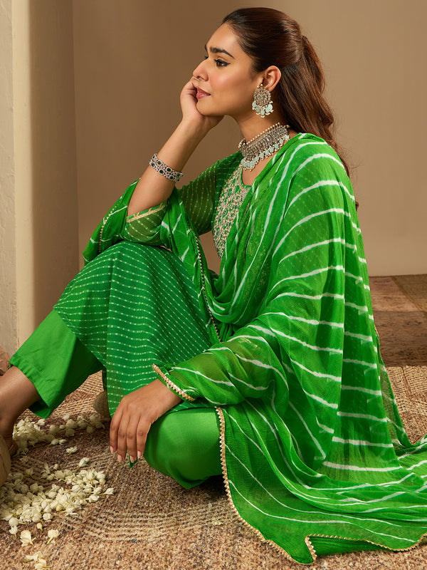 Indo Era Green Printed Straight Kurta Trousers With Dupatta set