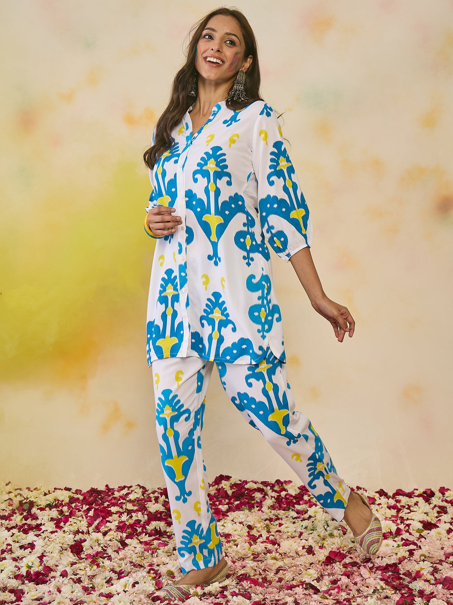 Indo Era White Printed Straight Kurta Trousers  set