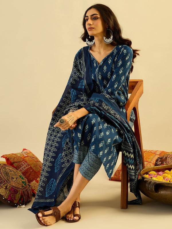 Indo Era Blue Printed Straight Kurta Trousers With Dupatta set