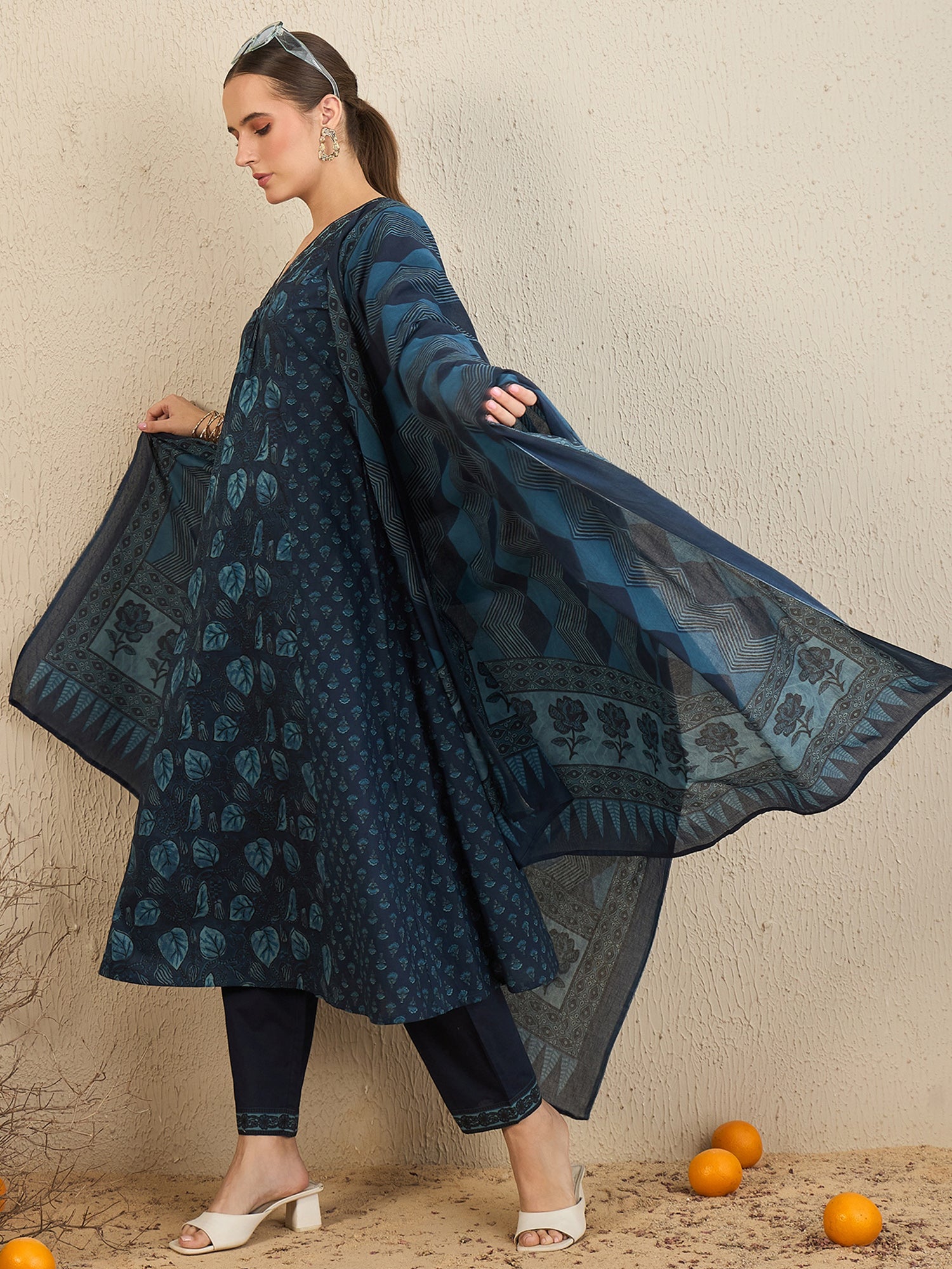 Indo Era Blue Printed A-Line Kurta Trousers With Dupatta Set