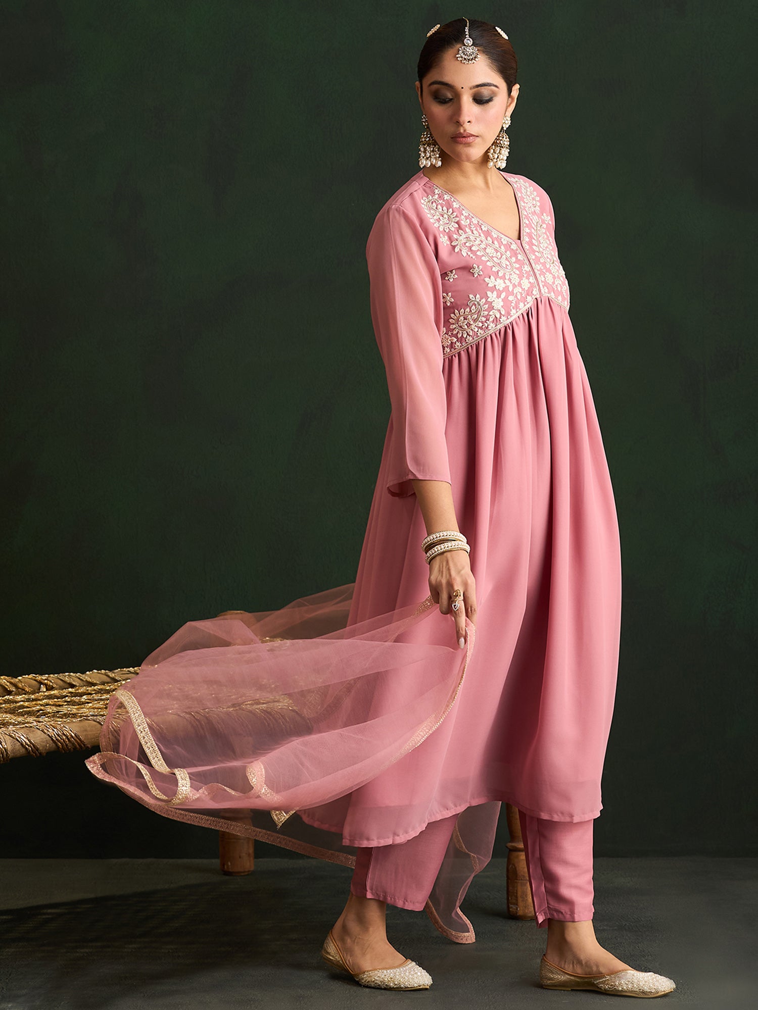 Indo Era Mauve Embroidered A-Line Kurta Trousers With Dupatta set