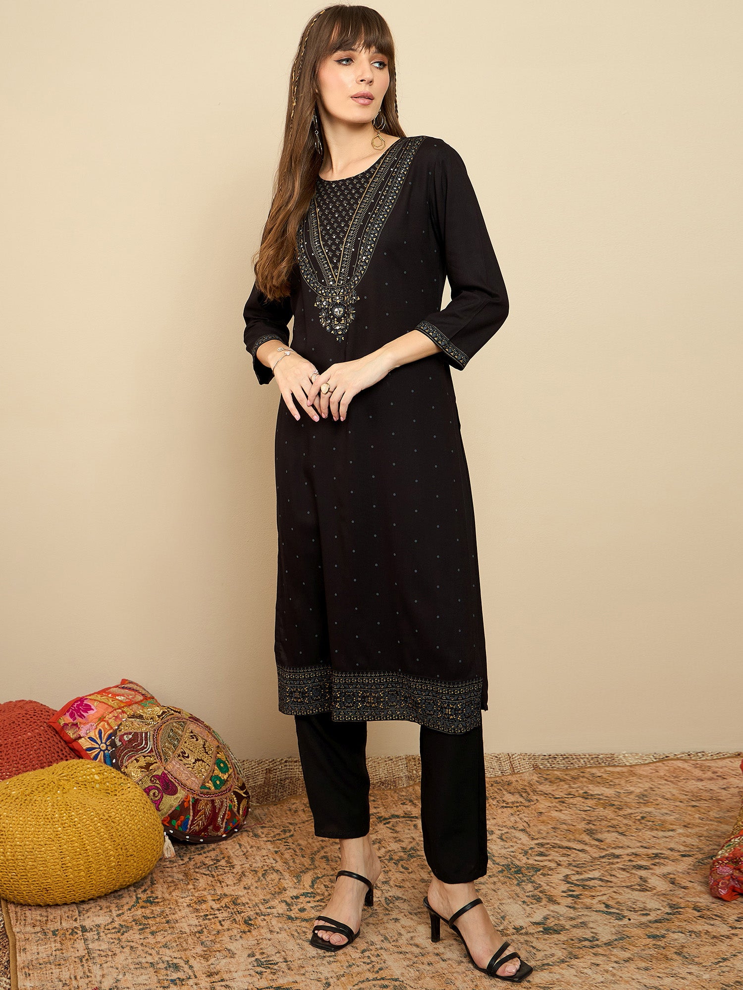 Indo Era Black Printed Straight Kurtas